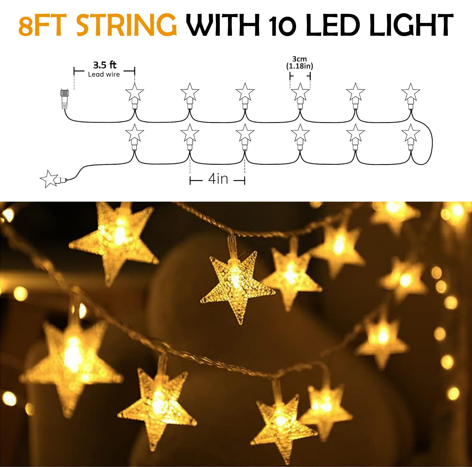 10 LED Star String Lights - 3.5m Fairy Lights for Home & Christmas Decorations | Indoor/Outdoor Party, Wedding, Bedroom, Tree Decor | Warm White Twinkle Lights for Holiday & Special Occasions