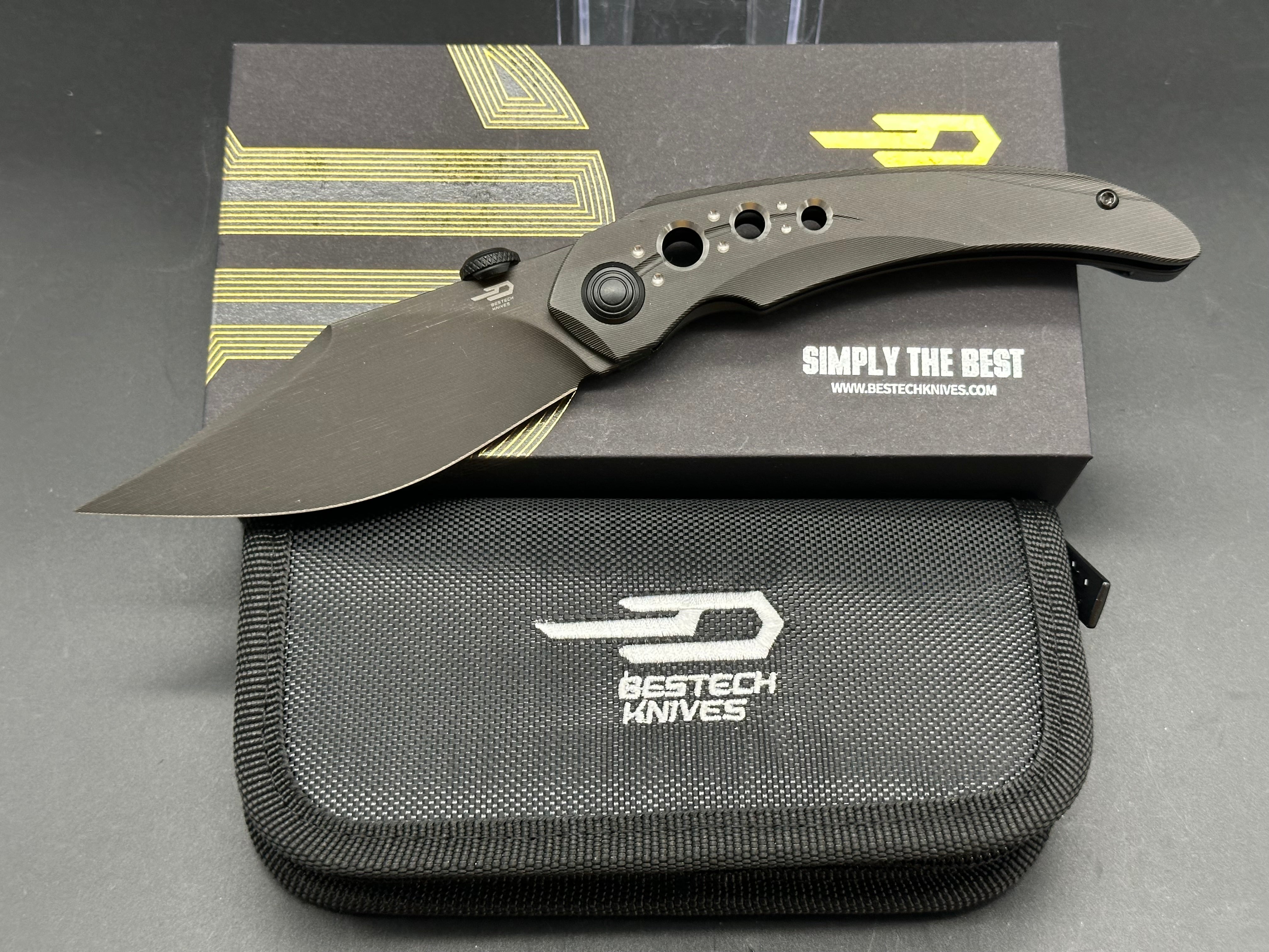 BESTECH RAZON Folding Knife - Black Titanium Handle, MagnaCut Steel Blade with Black PVD/Lasering Line Coating - EDC Pocket Knife for Camping, Hiking & Outdoor Survival