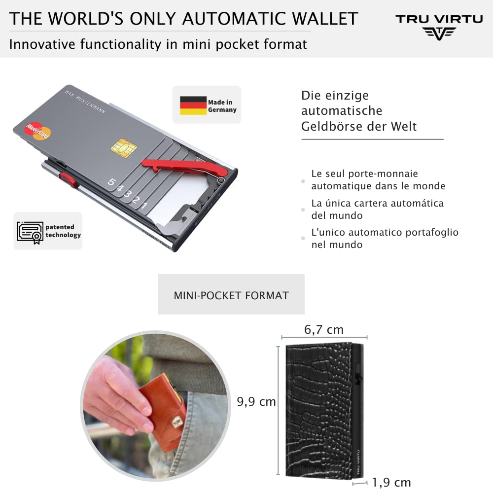 Tru Virtu® Slim RFID Blocking Credit Card Holder - Genuine Italian Leather Wallet with Click & Slide Design | NFC Protection | Croco Black/Black | Perfect for Travel, Business & Everyday Use