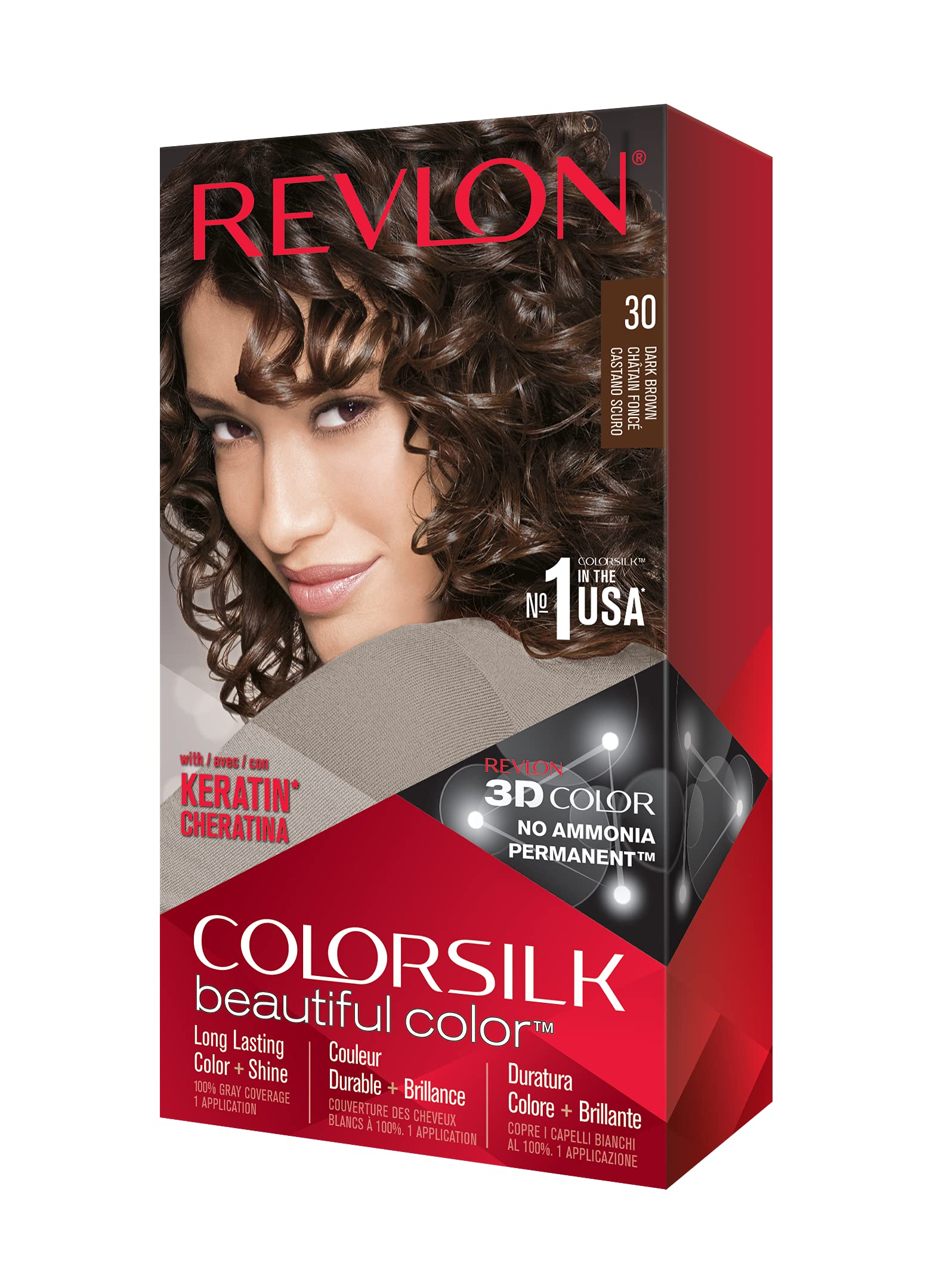 Revlon Colorsilk Permanent Hair Dye with Keratin - 30 Dark Brown for 100% Gray Coverage, Ammonia Free Hair Color - Perfect for At-Home Salon Quality Hair Coloring & Touch-Ups