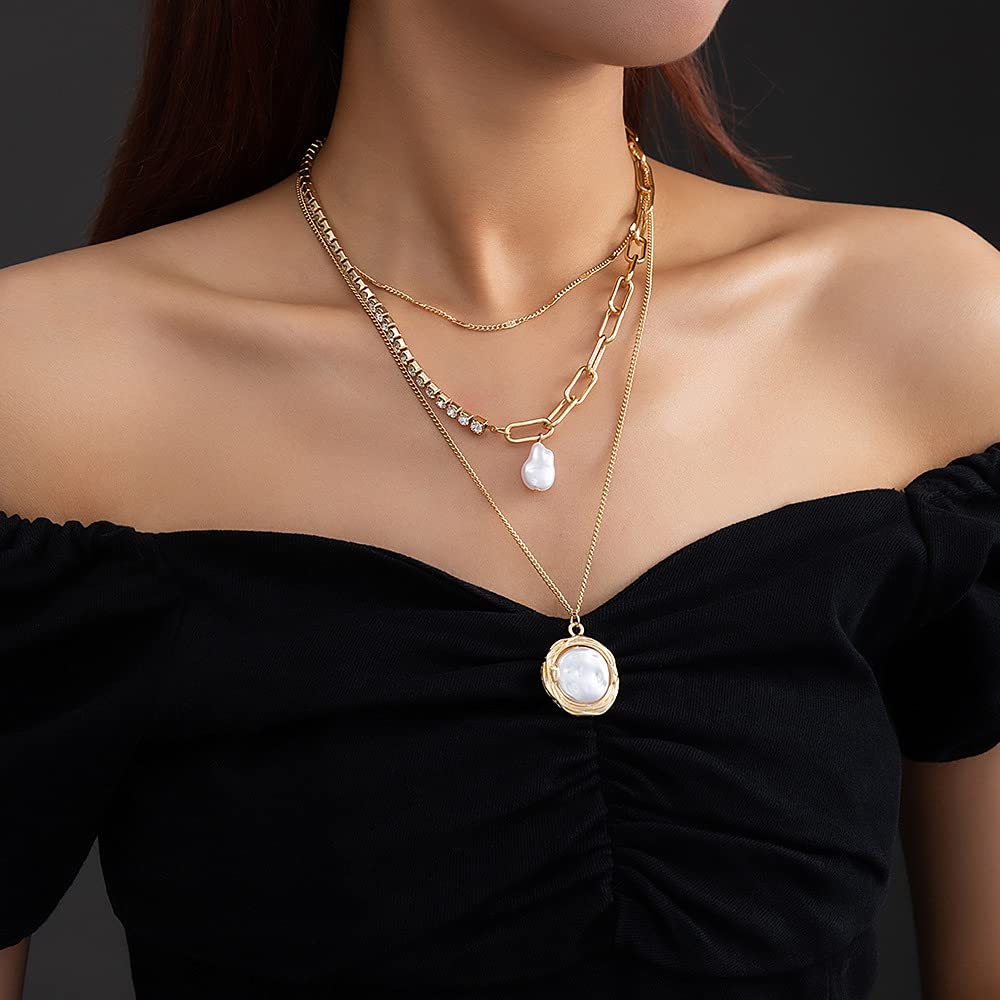 Vintage Layered Long Choker Necklace for Women - Pearl Pendant & Chunky Link Tennis Chain, Retro Fashion Jewelry | Perfect for Parties, Weddings, and Everyday Elegance