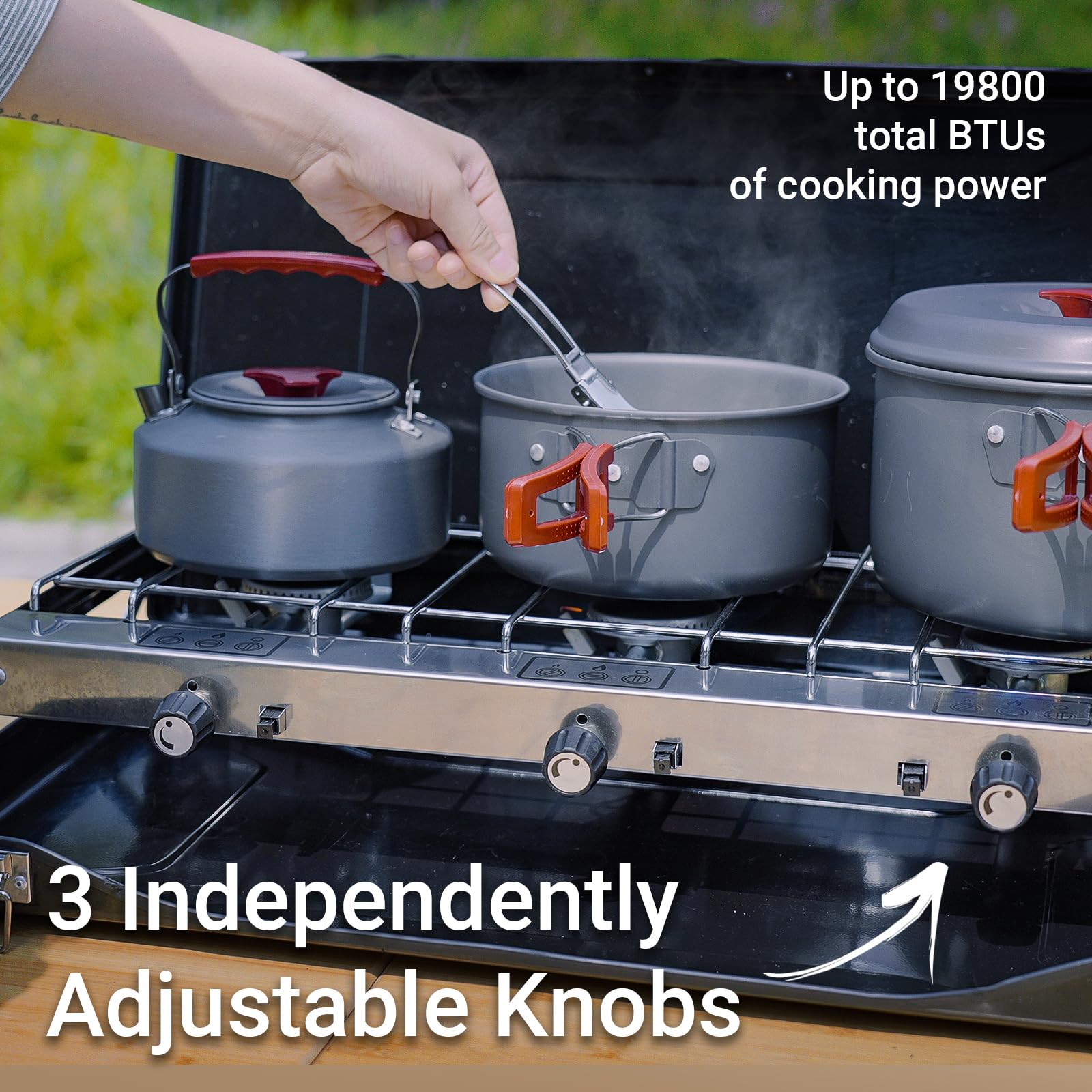 3-Burner Propane Camping Stove 19800 BTUs - Portable Outdoor Cooking Stove with 3 Adjustable Burners & Built-in Handle - Perfect for Car Camping, Backyard BBQs, Picnics & Tailgating - Ideal for Family Gatherings & Outdoor Adventures