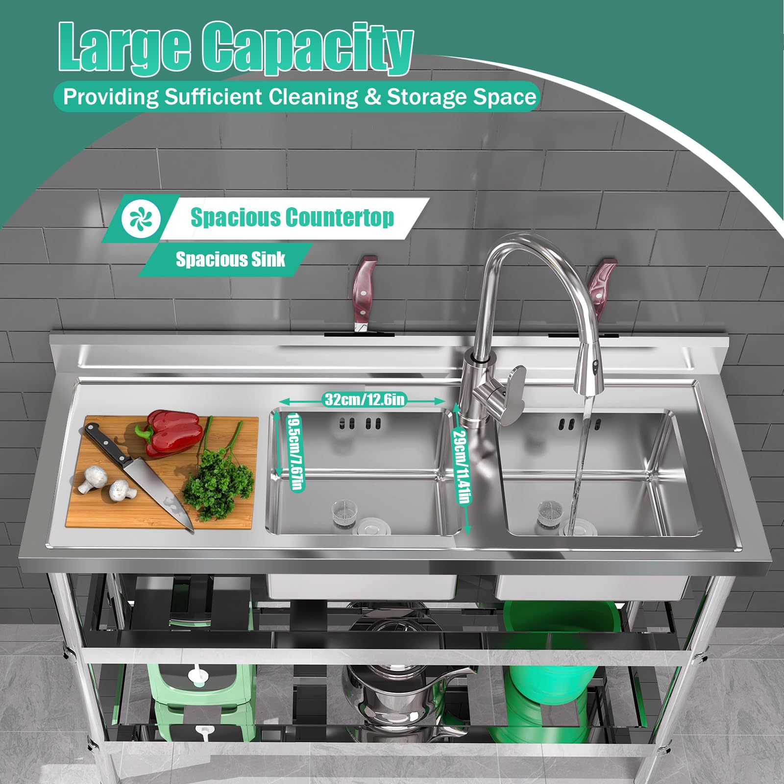 3-Tier Stainless Steel Commercial Kitchen Sink with 2 Deep Bowls - Heavy Duty Restaurant Prep Sink with Faucet, Drain Pipe & Storage Shelf - Floor Standing Countertop Utility Sink for Commercial Kitchens, Restaurants & Food Service Businesses