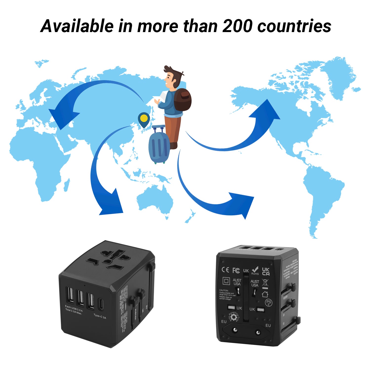 Universal Travel Adapter with 4 USB Ports - UK EU AU US Worldwide Plug Converter - Perfect for Business Trips, Vacations & International Travel - WAP150