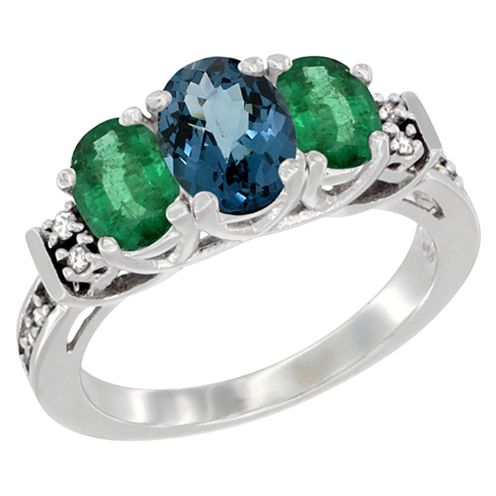 10K White Gold Natural London Blue Topaz & Emerald 3-Stone Ring with Oval Diamond Accents - Sizes 5-10 | Elegant Wedding, Engagement & Anniversary Jewelry Gift for Women