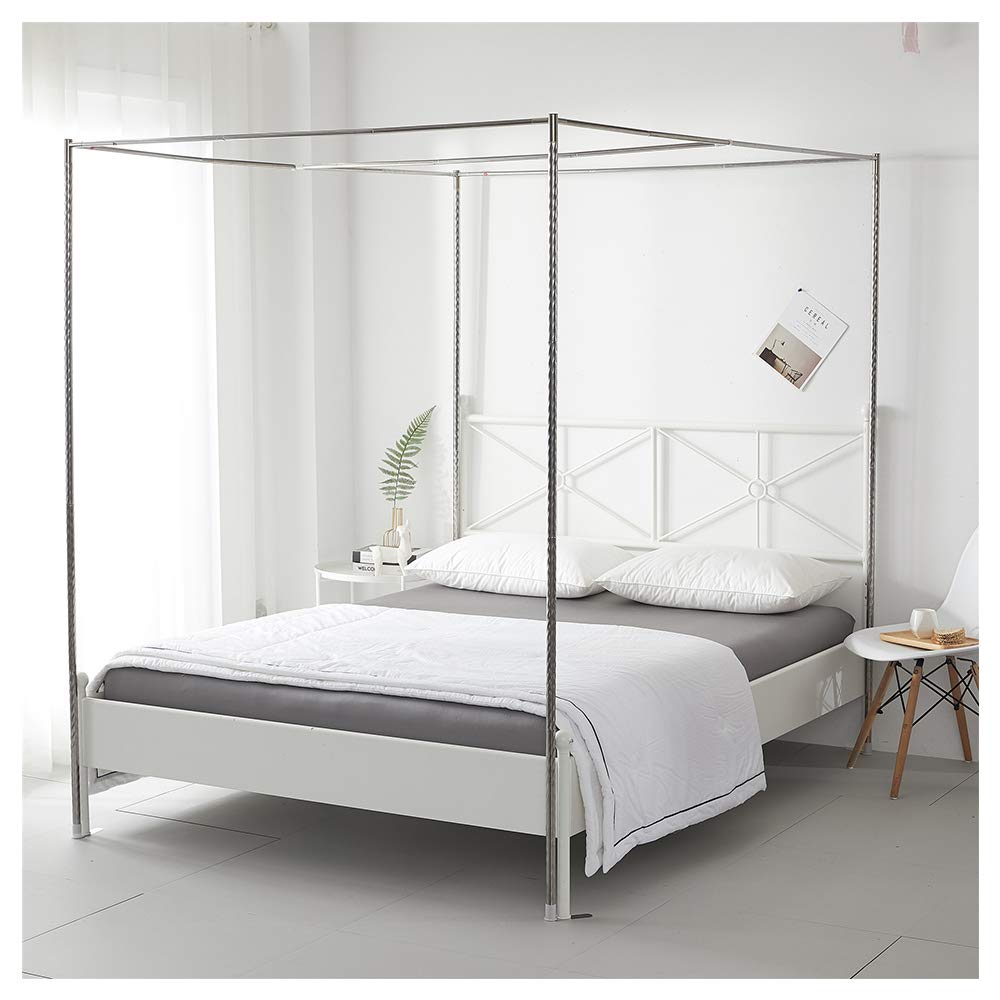 Stainless Steel Mosquito Net Frame for Bed Canopy - 4 Corner Bed Post with Thick Spiral Design & Metal Tee - Fits Single, Double, King Size Beds - Perfect for Outdoor Camping, Home Bedroom, and Travel Protection