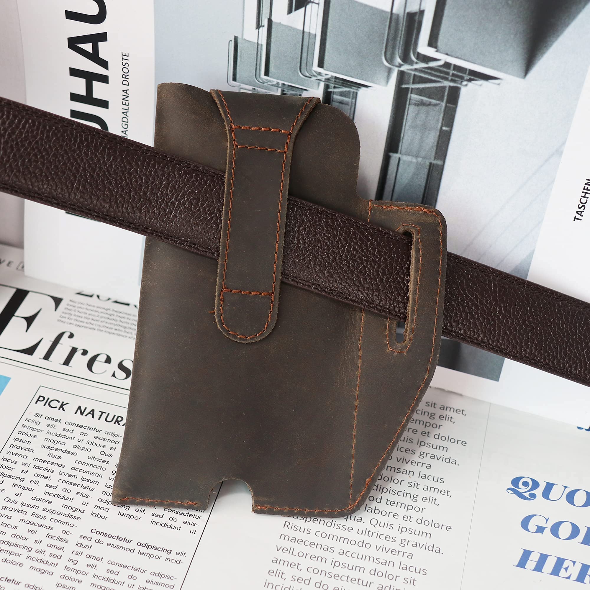 Premium Leather Phone Holster with Belt Clip - Universal Leather Cell Phone Pouch for iPhone & Smartphones - Tactical Belt Phone Case for Men & Women - Dark Brown - Perfect for Outdoor, Work & Daily Use