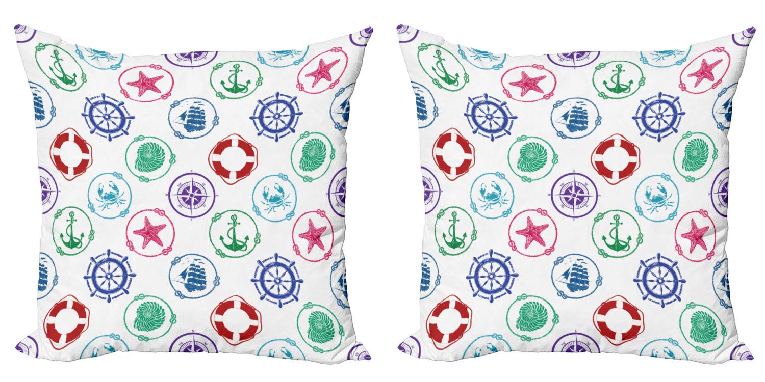 Ambesonne 2-Pack Ships Wheel Throw Pillow Covers - Nautical Anchor Compass & Marine Life Print, Reversible Zippered Decor for Living Room, Bedroom, Boat (16