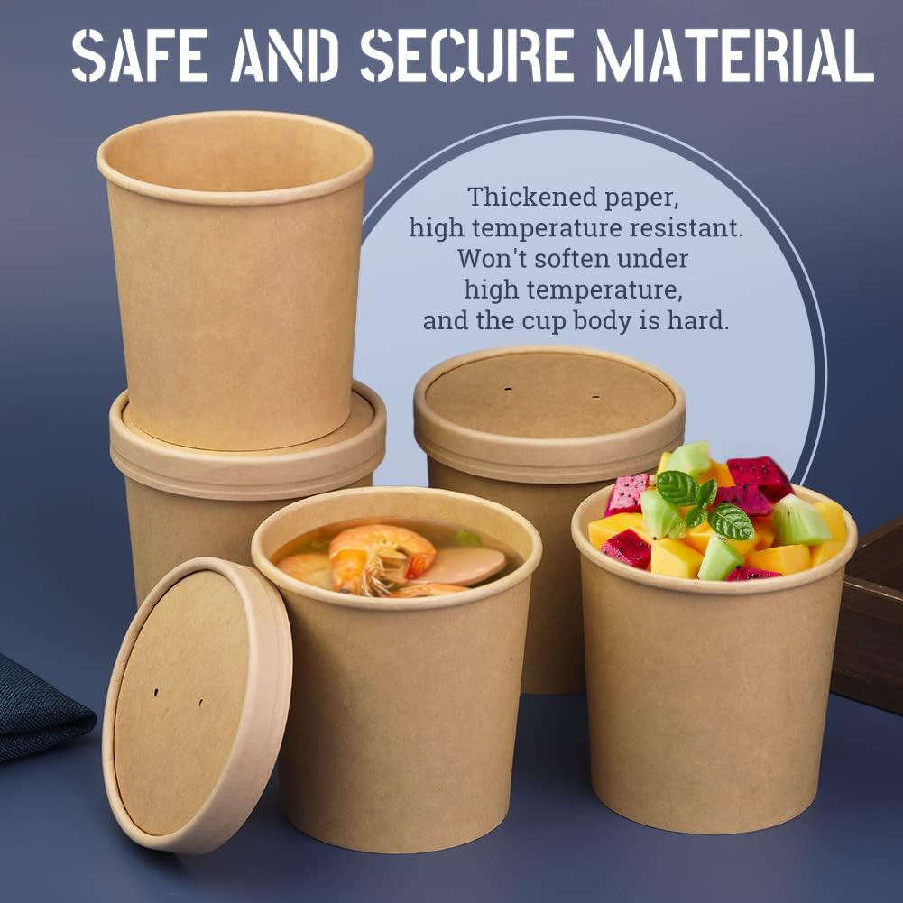 50-Pack 16oz Disposable Kraft Paper Soup Bowls with Vented Lids - Eco-Friendly Food Containers for Soup, Ice Cream, Desserts - Perfect for Takeout, Parties, Catering & Home Use