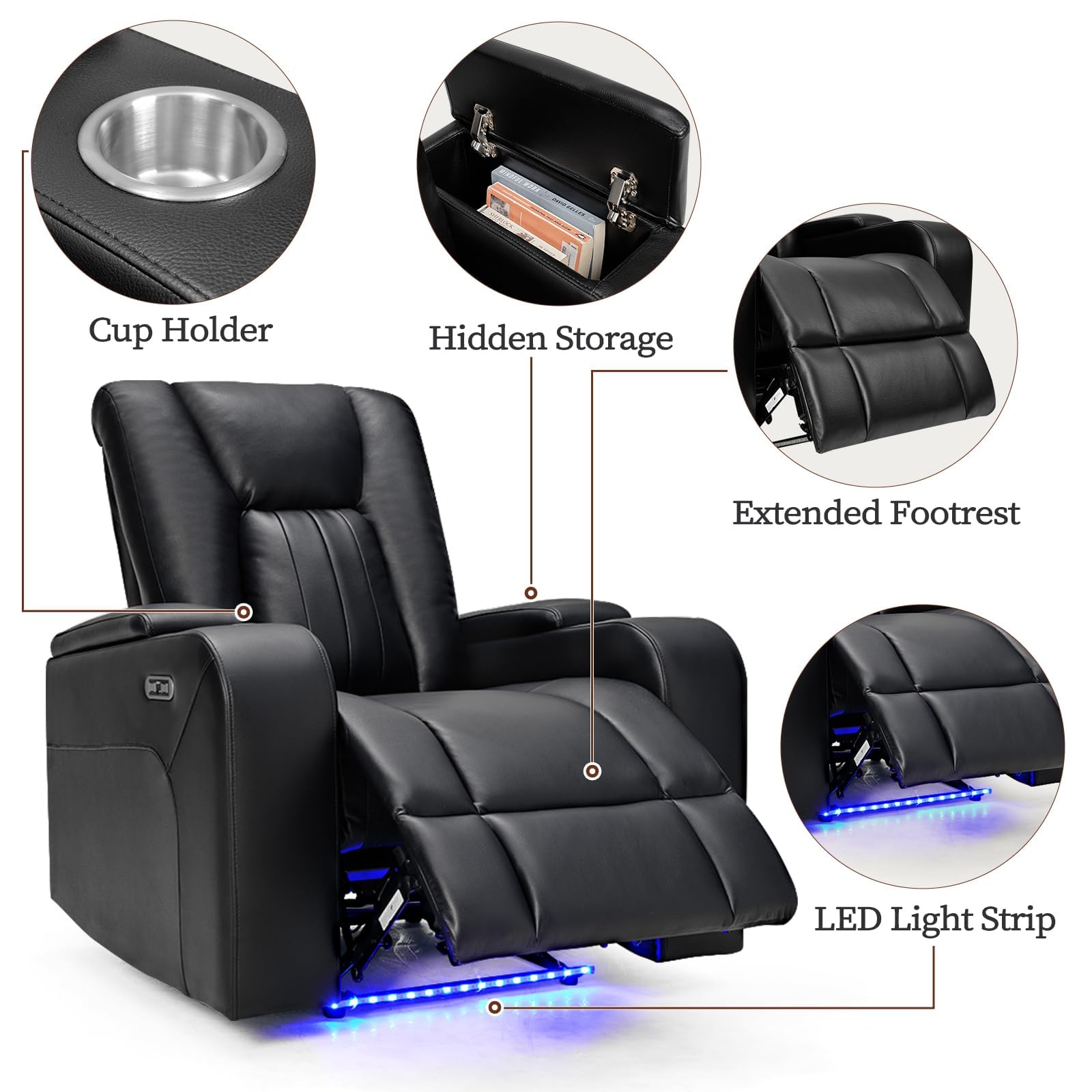 ANJ Power Recliner Chairs Set of 2 - Black Leather Theater Seating with LED Lights, Cup Holders & USB Ports - Perfect for Home Theater, Living Room & Game Room Relaxation