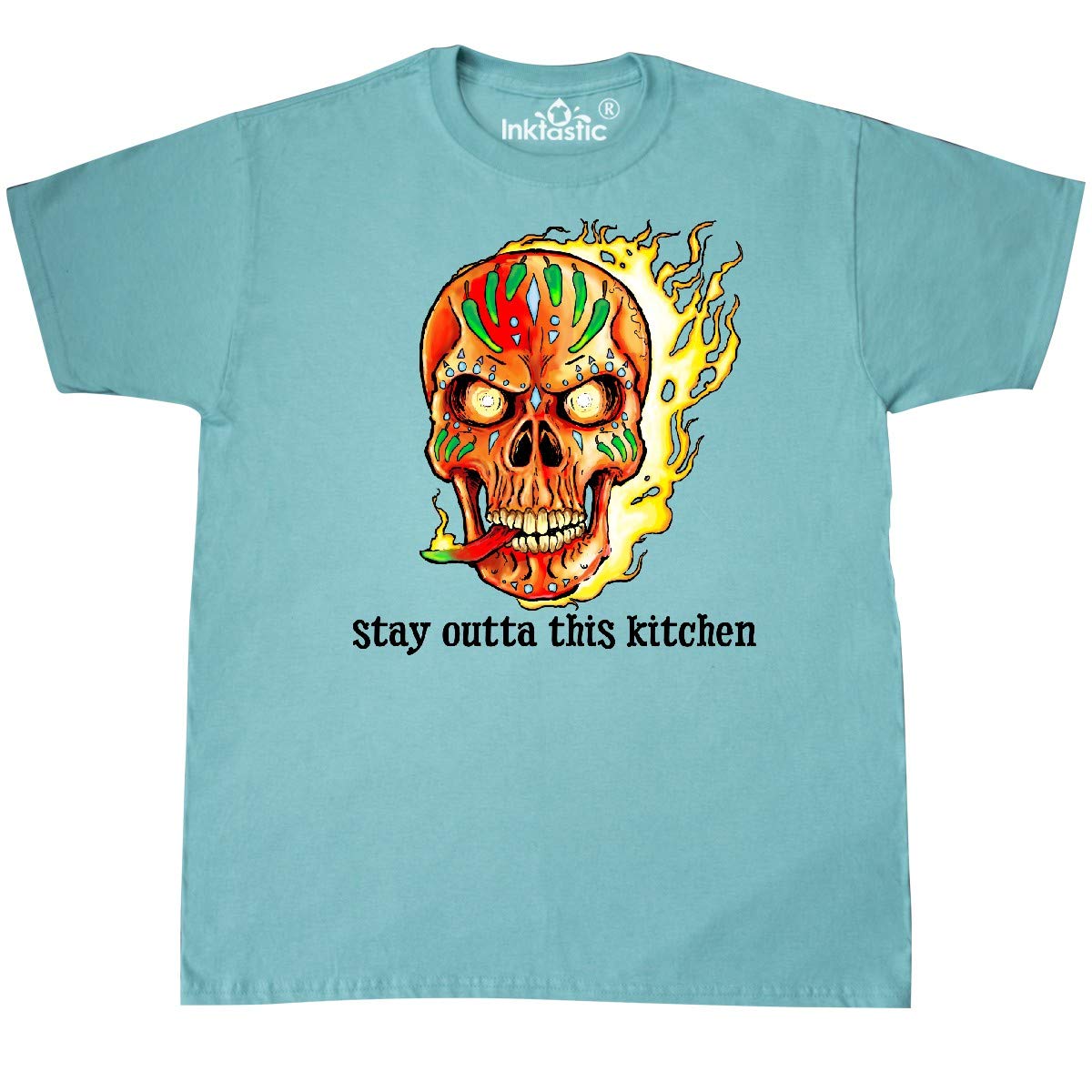 Inktastic Fire Skull Stay Outta This Kitchen Graphic T-Shirt for Men & Women - Cool Skull Design for Cooking, BBQ, and Kitchen Lovers