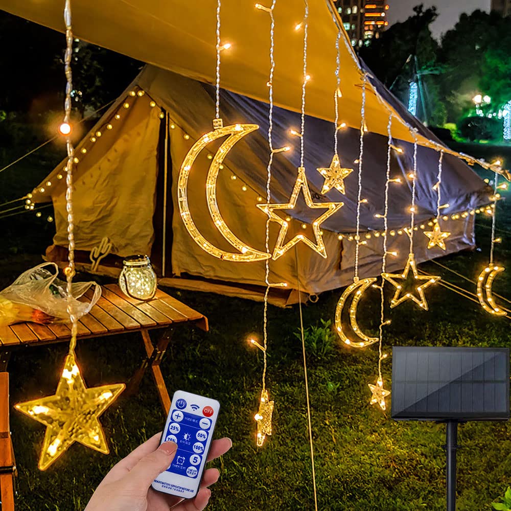 CSX 138LED Solar String Lights with Remote - 8 Lighting Modes, Waterproof Outdoor Fairy Lights for Yard, Garden, Patio - Perfect for Ramadan, Christmas, Wedding, Party & Home Decor (Moon Star Twinkle Curtain Lights)