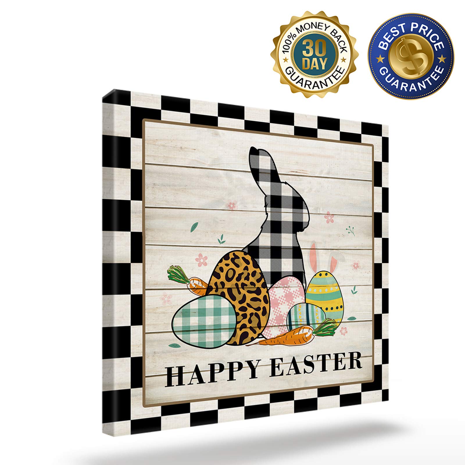 Easter Buffalo Check Plaid Bunny Canvas Prints - Framed Wall Art Decor for Bathroom, Living Room & Bedroom - Ready to Hang 24x24 Inch - Black & White Wooden Board Painting - Perfect for Spring Home Decor & Holiday Gift Giving