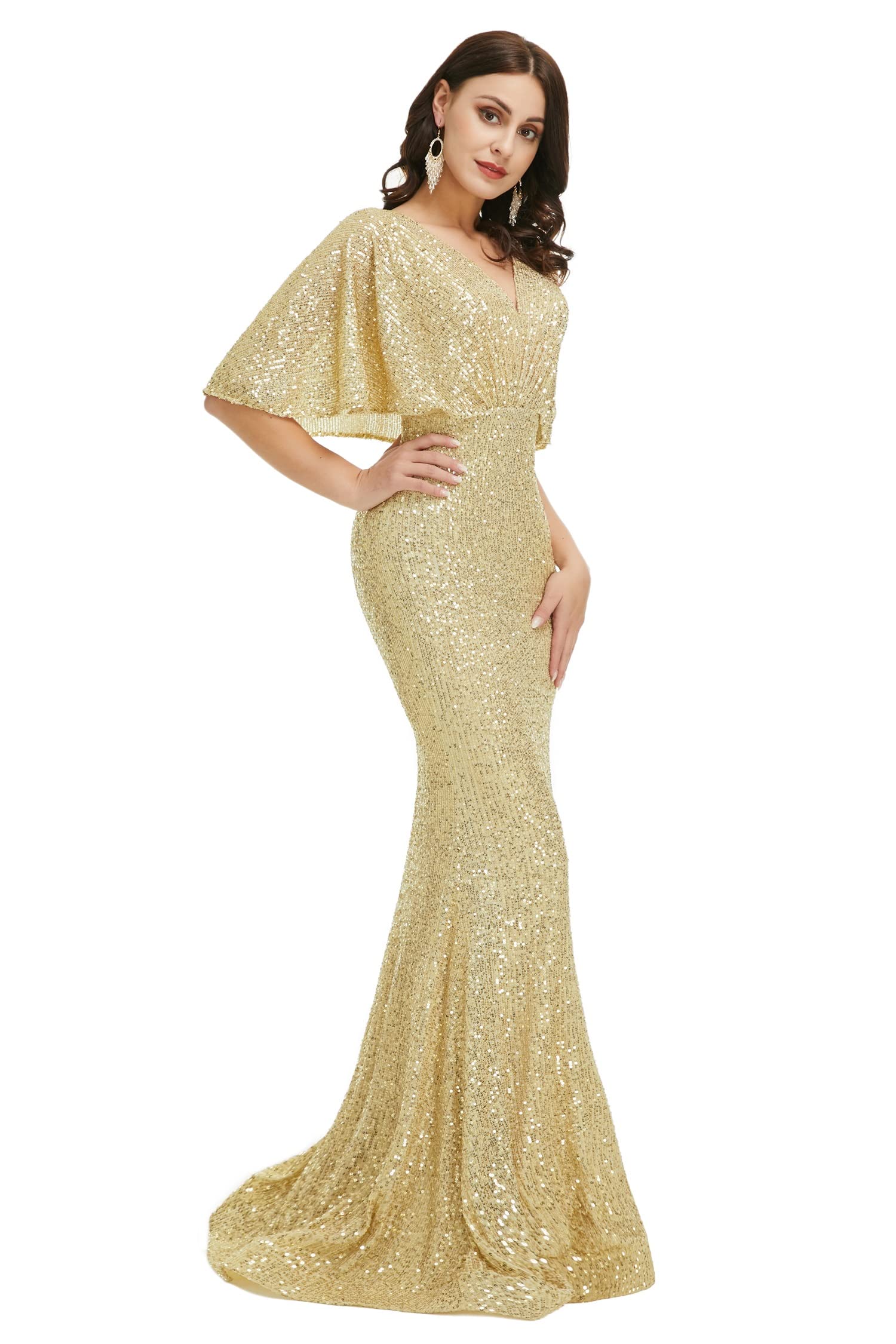 Sparkly Sequin Mermaid Evening Dress for Women - V-Neck Short Sleeve Prom Party Gown, Perfect for Brides, Bridesmaids & Formal Events | Elegant Night Out & Special Occasions