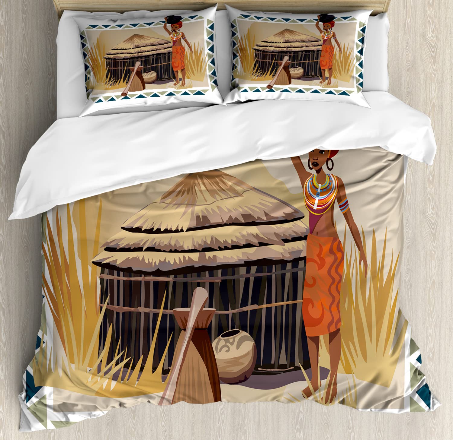 Ambesonne African Duvet Cover Set - King Size 2-Pack with Traditional Savannah Life Design (Native Lady Carrying Pot) | Includes 2 Duvet Covers & 4 Pillowcases | Vibrant Multicolor Bedding for Master Bedroom, Guest Room, or Cultural Home Decor