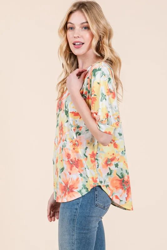 BOMBOM Women's Floral Print Round Neck Puff Sleeve Blouse - Elegant Summer Tops for Casual Outings & Date Nights