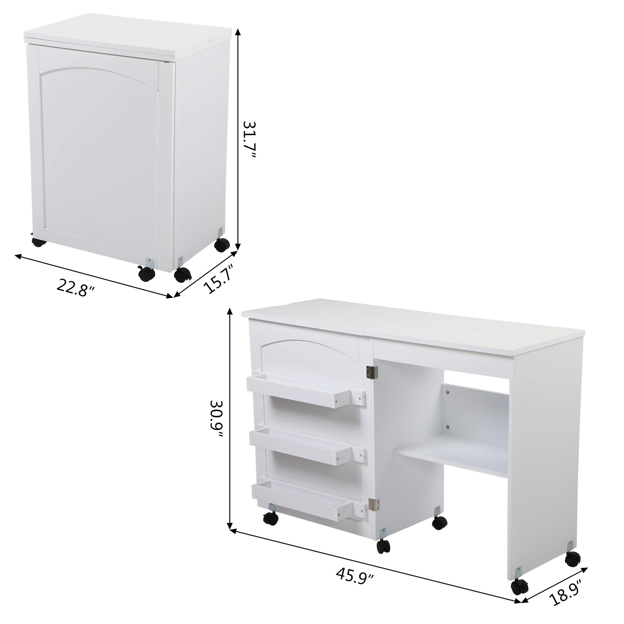 Foldable Sewing Table with Storage Cabinet & Lockable Wheels - Adjustable Portable Rolling Craft Desk for Small Spaces - Perfect for Apartments, Quilting, Sewing Projects & DIY Crafts - White