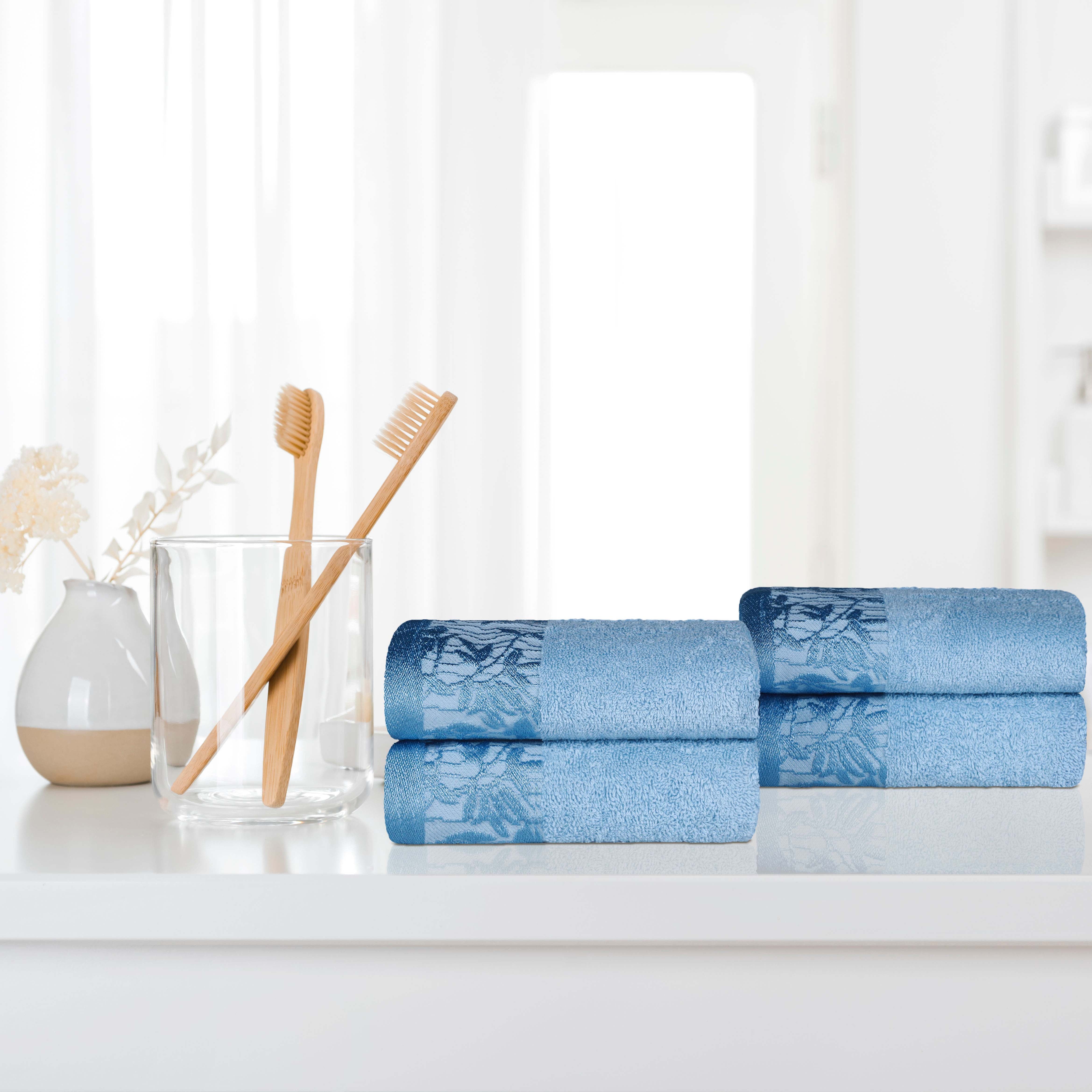 Premium Wisteria Cotton Floral Embroidered Jacquard Border Hand Towels - Set of 4 | Soft Absorbent Bathroom & Kitchen Towels for Guest Bath, Powder Room, and Luxury Home Decor
