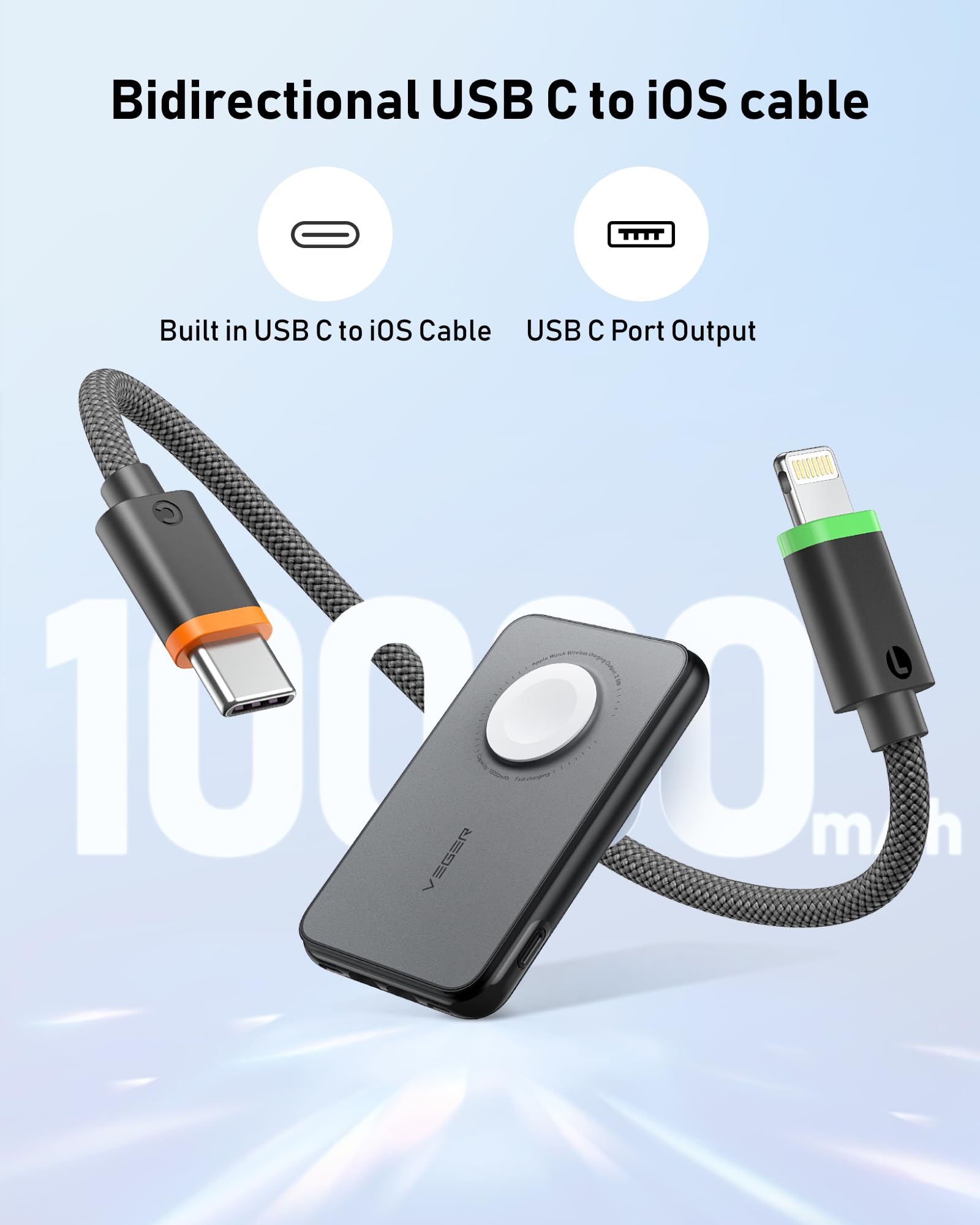 VEGER 10000mAh Portable Charger with Built-in Removable Cable - PD 20W Fast Charging Power Bank for iPhone 15/14/13 Pro Max, Samsung Galaxy, Apple Watch - Compact Travel Charger for Camping, Hiking & Business Trips (White)