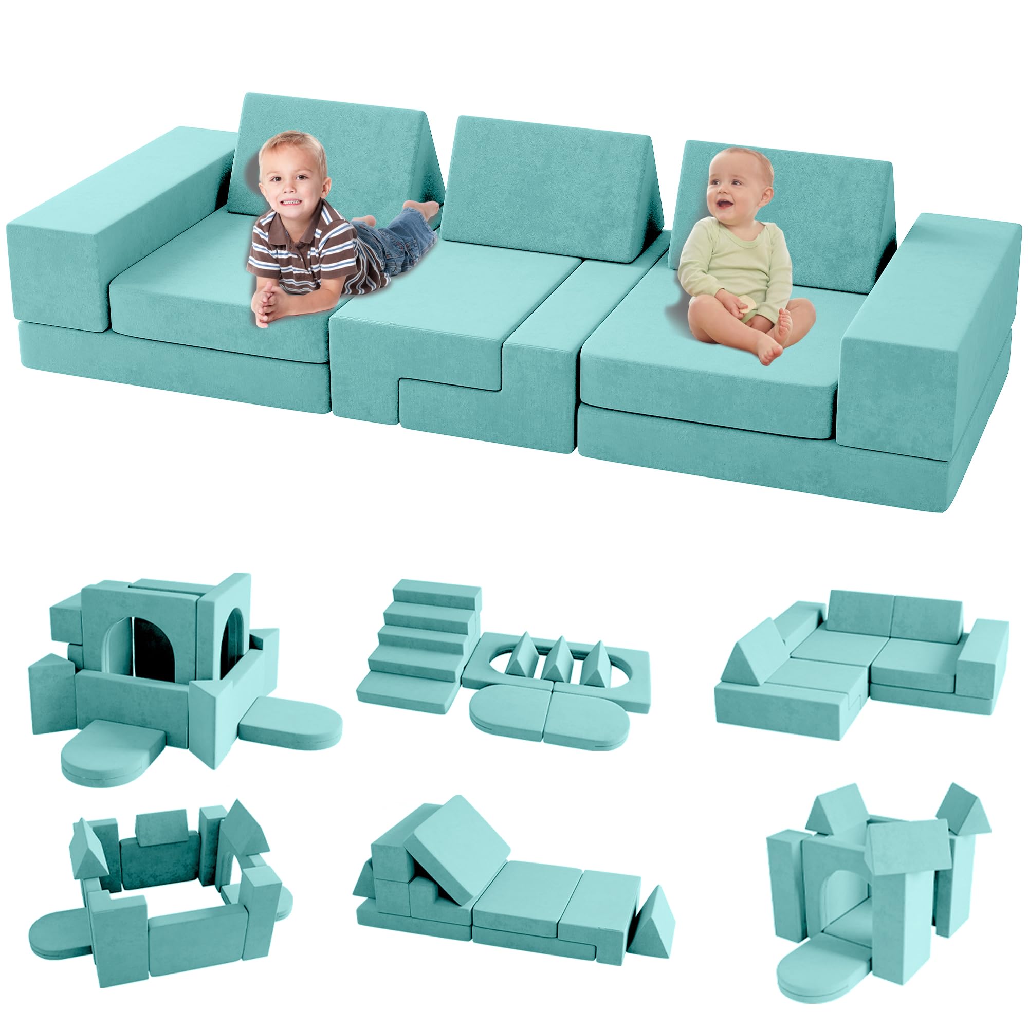 Wanan 13-Piece Modular Kids Play Couch - Expandable Sofa for 4 Children, Playroom Furniture for Boys & Girls in Ice-Snow Blue | Perfect for Playrooms, Daycare Centers & Indoor Play Areas
