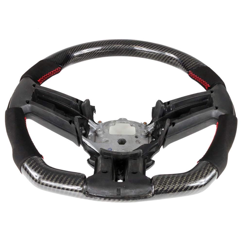 FREEMOTOR802 Carbon Fiber Racing Steering Wheel Replacement for 2010-2014 Ford Mustang - Synthetic Suede with Red Stitching | Upgrade Your Ride for Track Days & Street Performance