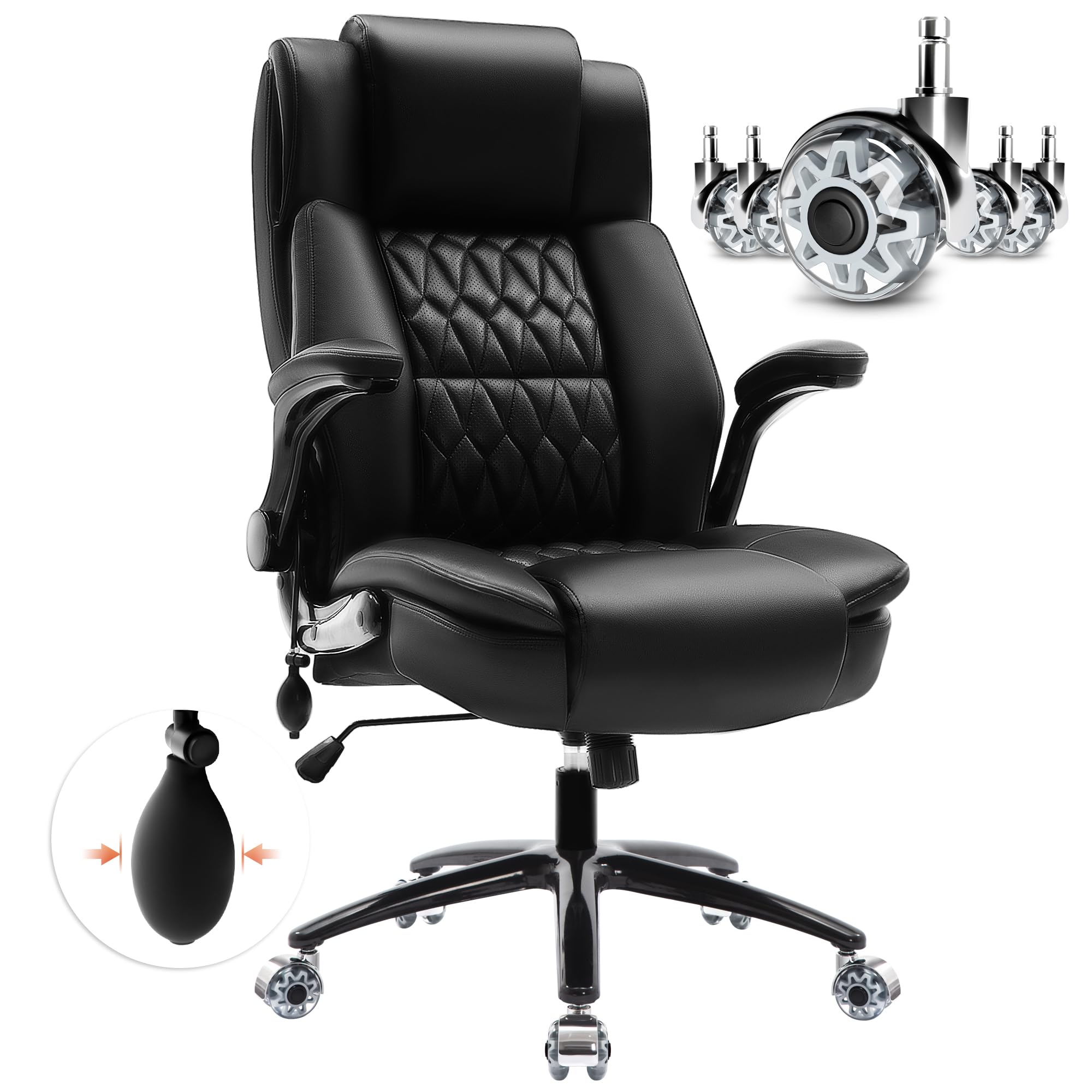 Ergonomic High Back Office Chair with Adjustable Lumbar Support - Heavy Duty Swivel Chair with Flip-Up Arms, Breathable Bonded Leather & 2 Storage Pockets - Perfect for Home Office, Gaming & Workspaces - Black