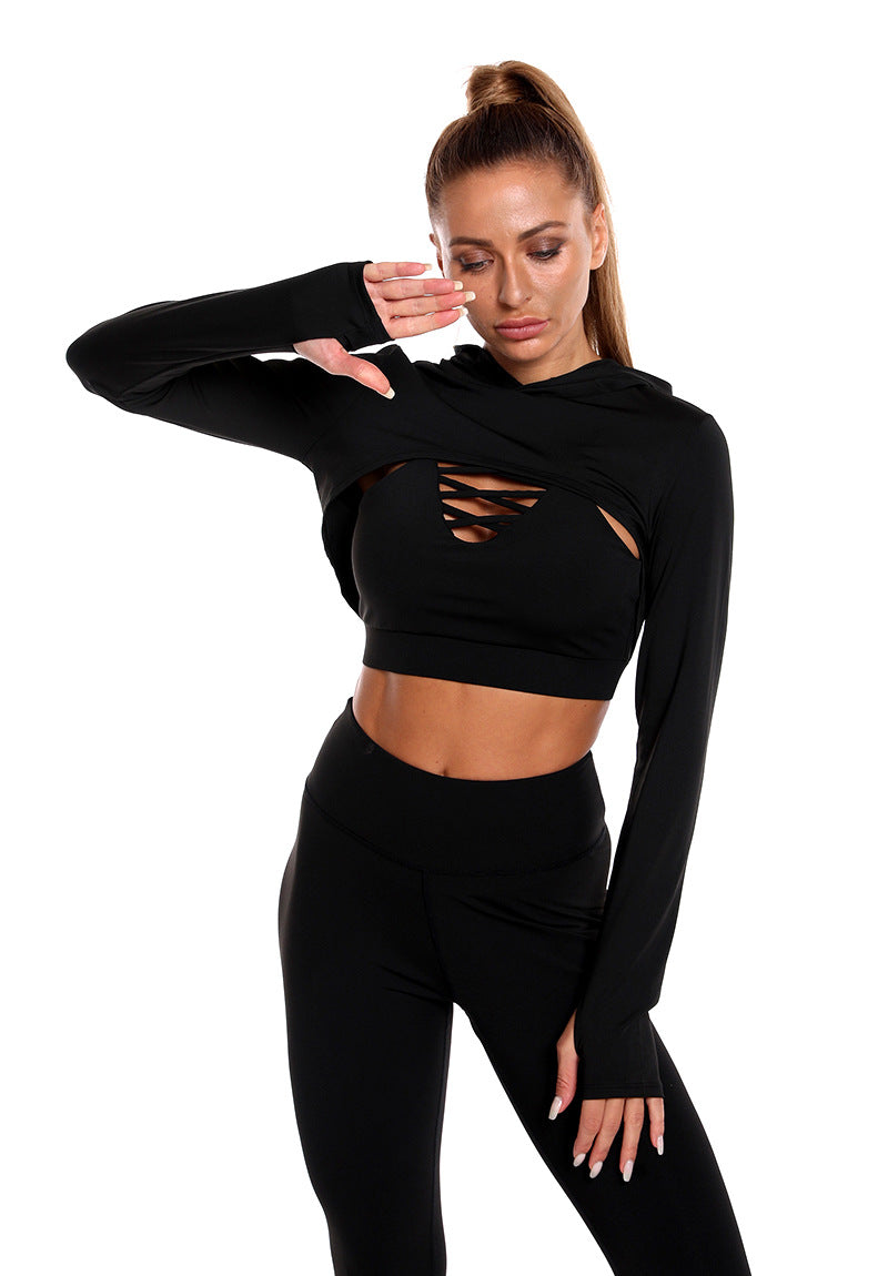 3-Piece Women's Sports Suits Set - Long Sleeve Hooded Top, Hollow Design Camisole & High Waist Butt Lifting Seamless Leggings - Gym Workout Outfits for Yoga, Running & Fitness Training