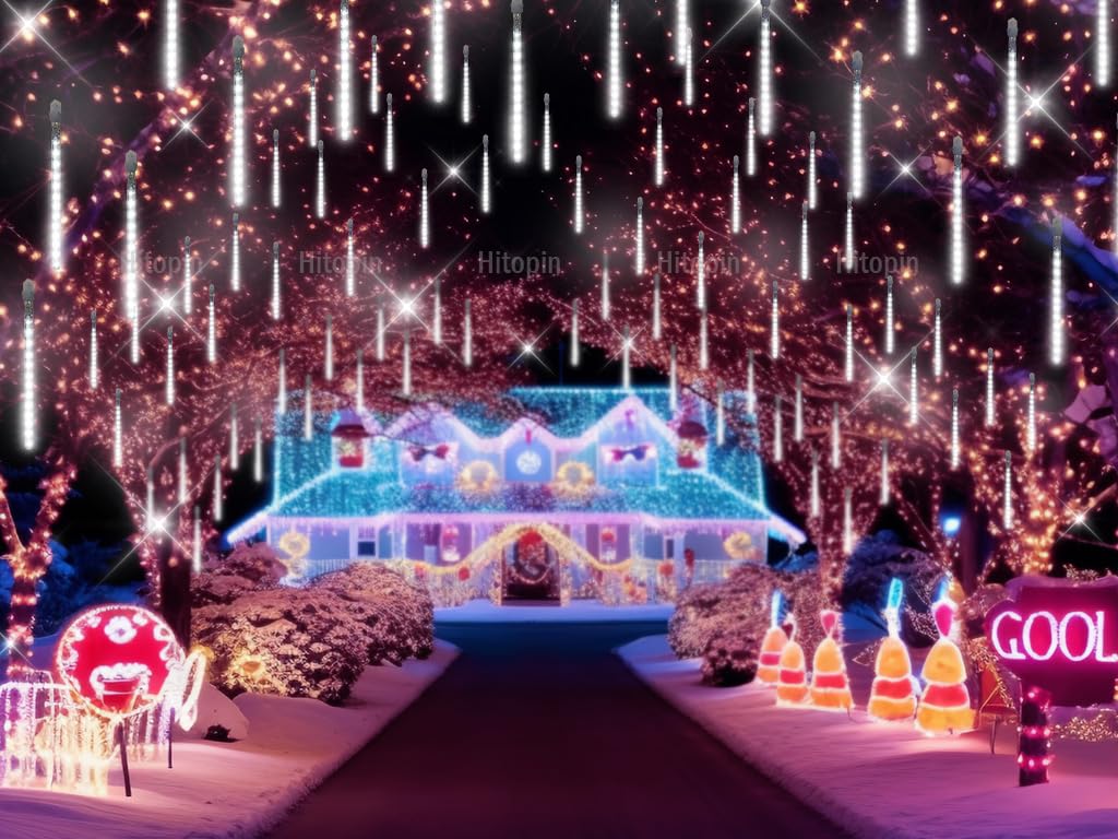 30cm 8 Tubes 192 LED Meteor Shower Lights - Outdoor Christmas Rain Lights with Transformer | White Snowfall Fairy Lights for Wedding, Party & Tree Decorations | Perfect for Garden, Yard, and Holiday Displays