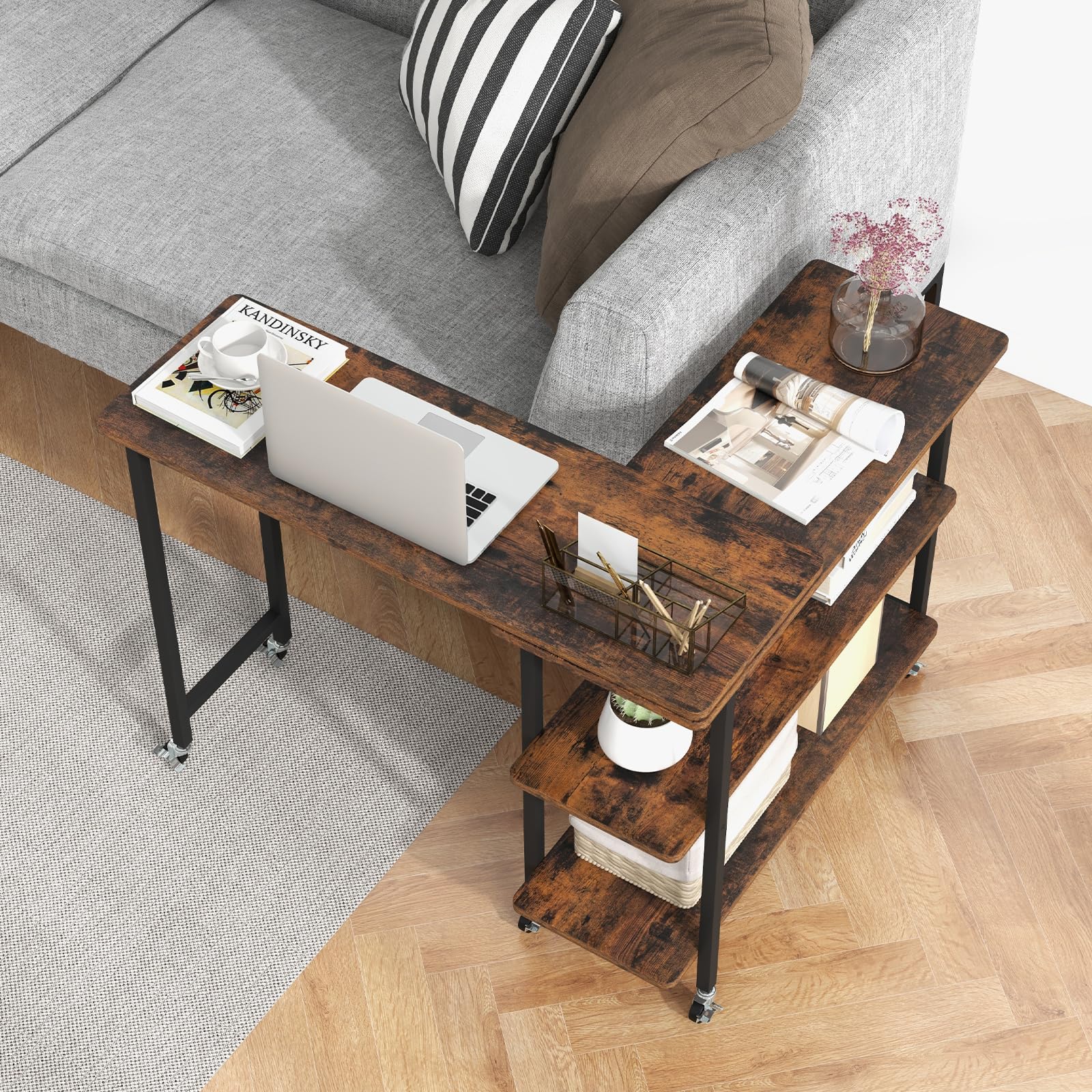 Tangkula 360° Rotating Side Table with 2-Tier Storage - Mobile End Table with Lockable Casters & Metal Frame - Swivel Rolling Desk for Living Room, Bedroom & Office - Perfect as Laptop Table, Couch Table or Snack Stand