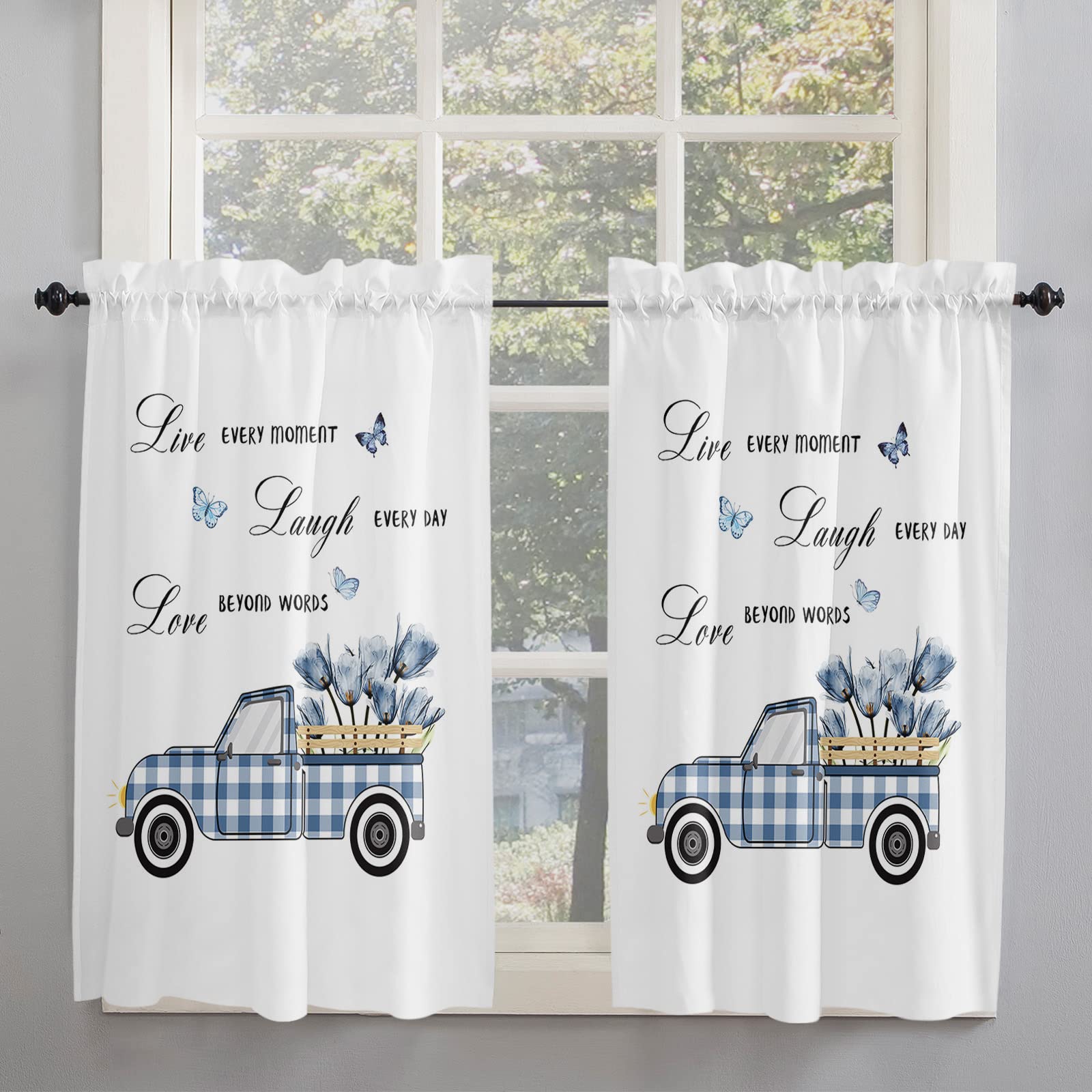 Rod Pocket Valance Curtains - Farmhouse Spring Tulip Floral Window Treatment in Blue & White Buffalo Check (2 Panels) for Kitchen, Living Room & Bathroom Decor | Light Filtering, Easy to Hang, Perfect for Rustic & Cottage Style Homes