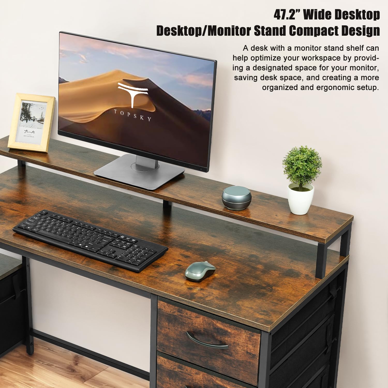 TOPSKY 62.4 Inch Bamboo Computer Desk with Storage Shelf & File Drawer - Home Office Desk with Monitor Stand, Study Table for Letter Size Documents | Perfect for Small Spaces, Remote Work & Online Learning