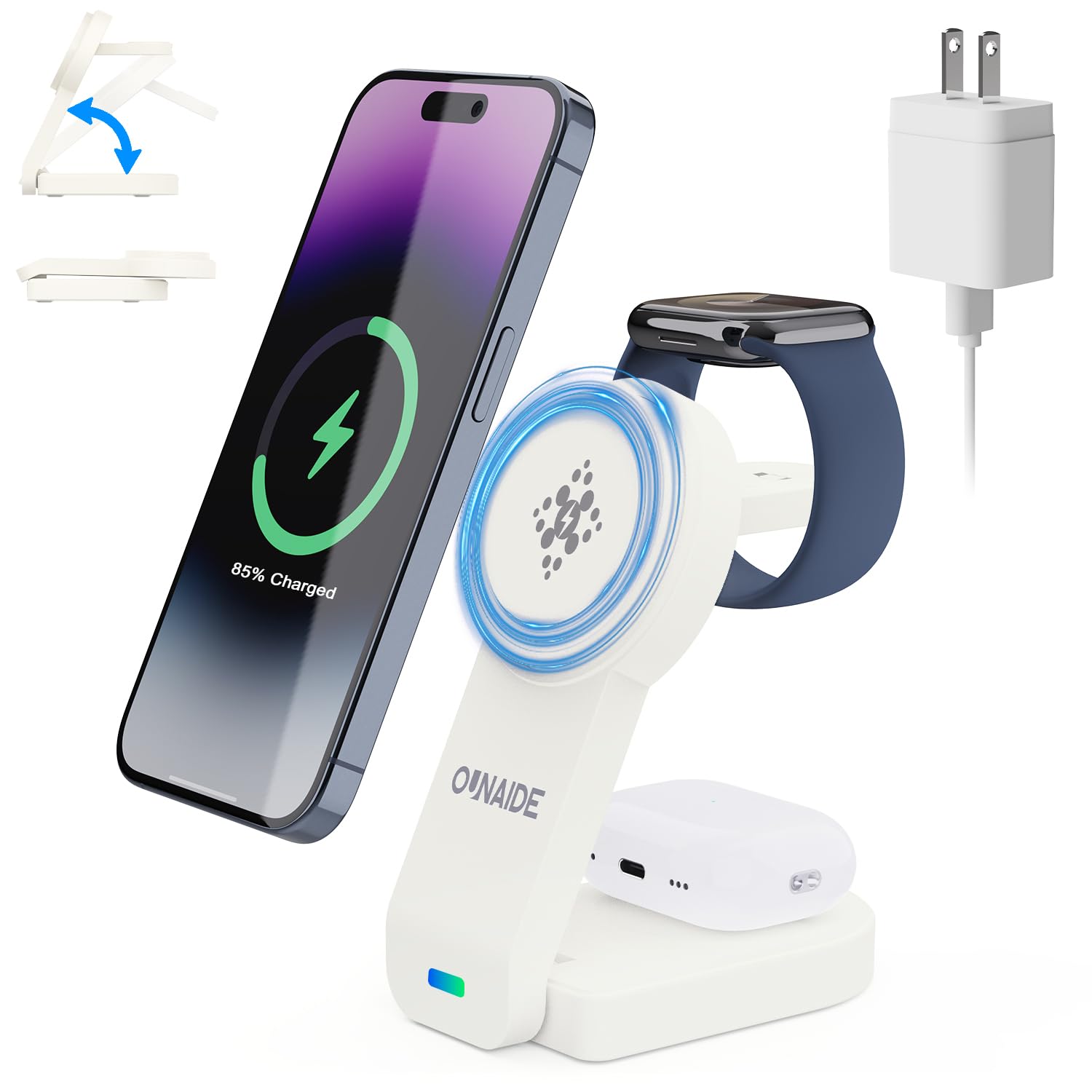 3-in-1 Magnetic Wireless Charging Station | Foldable MagSafe Charger for iPhone 16/15/14/13/12 Series | Compatible with Apple Watch Ultra 2/Ultra/SE 2/SE/10/9/8/7/6/5 & AirPods Pro 2/Pro/4/3 | White | Perfect for Home, Office & Travel Charging Needs