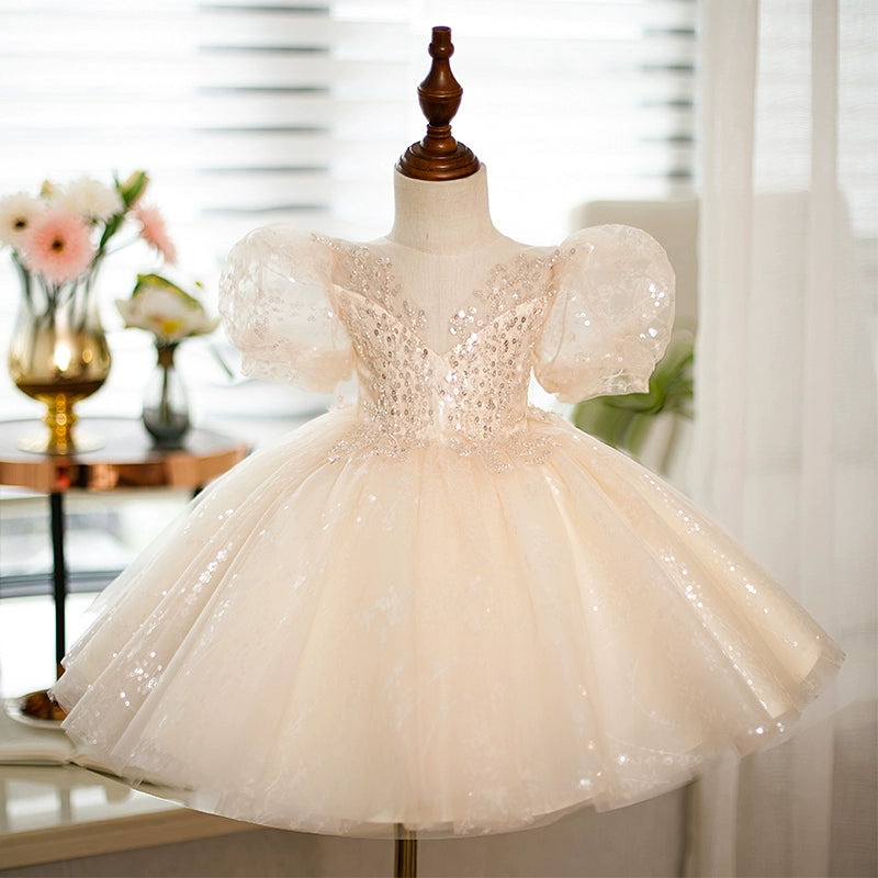 Champagne Princess Round Tea Length Sequined Flower Girl Dress for Weddings, Bridal Party, and Special Occasions