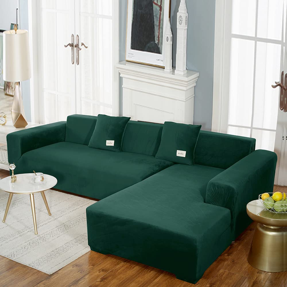 Velvet L-Shaped Sectional Sofa Slipcover - Stretchable Couch Cover for 1/2/3 Seater, Chaise Lounge & Pet-Friendly Furniture Protector (Dark Green, 4+3 Seater) - Perfect for Living Room, Family Room & Pet-Friendly Homes