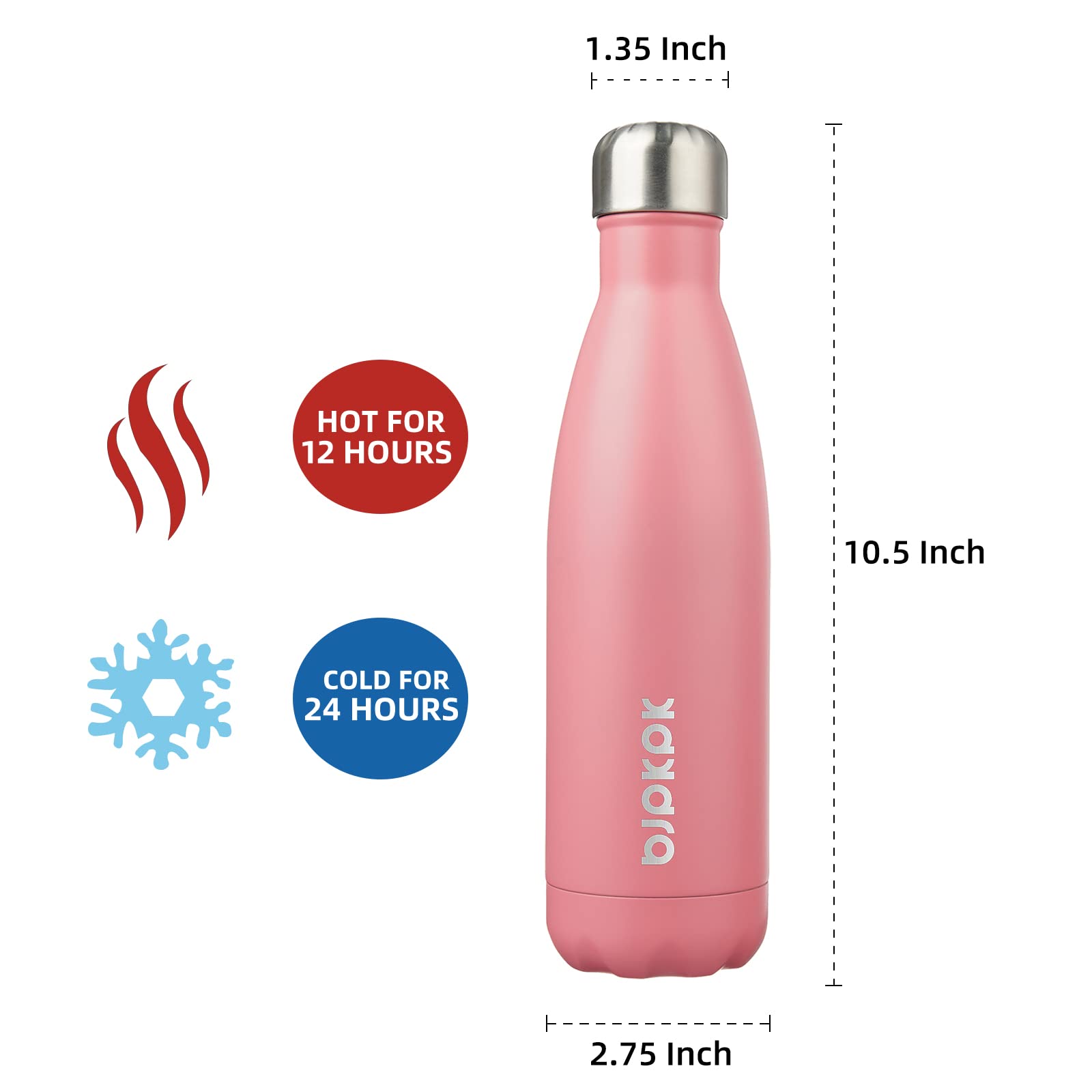BJPKPK 17oz Insulated Stainless Steel Water Bottle - Keeps Drinks Cold for 24 Hours & Hot for 12 Hours, BPA Free, Light Pink - Perfect for Gym, Hiking, Travel & Outdoor Activities