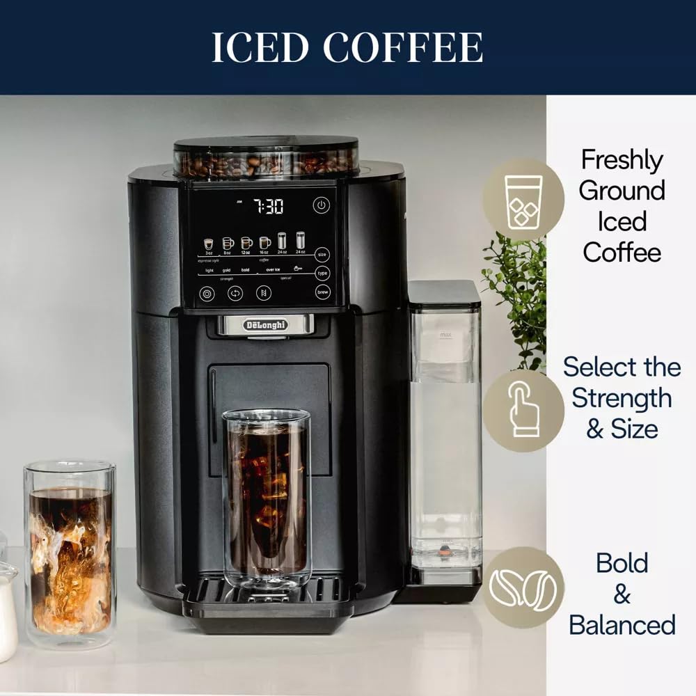 De'Longhi True-Brew Automatic Coffee Maker with Built-in Burr Grinder - One-Touch Espresso & Drip Coffee Machine, 5 Brew Styles, Zero Waste Design, Black Matte Finish - Perfect for Home, Office & Small Cafes