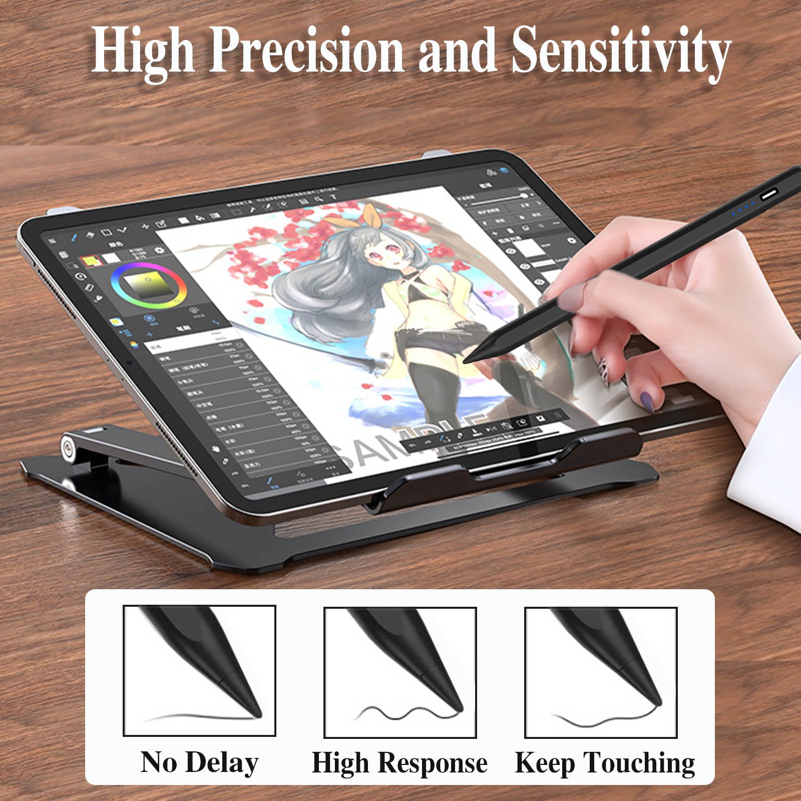 Rechargeable Active Stylus Pen for iPad Pro/Air/Mini & iPhone - POM Tip Magnetic Touch Screen Stylus with Precision Control - Perfect for Drawing, Note-Taking & Digital Art (Black)