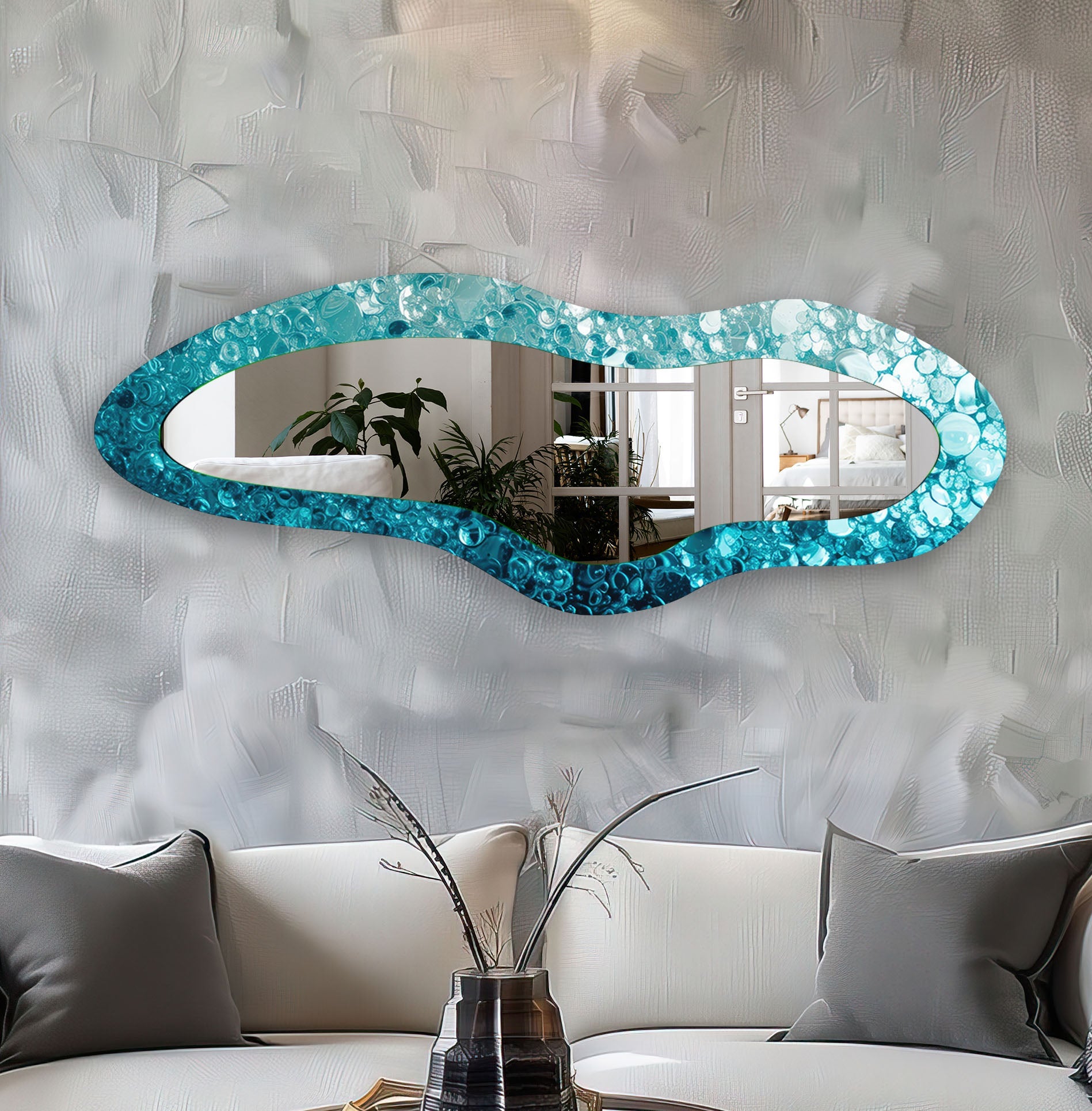 Blue Irregular Shaped Glass Wall Mirror - Unique Decorative Mirror for Living Room, Bedroom & Bathroom - Modern Home Decor