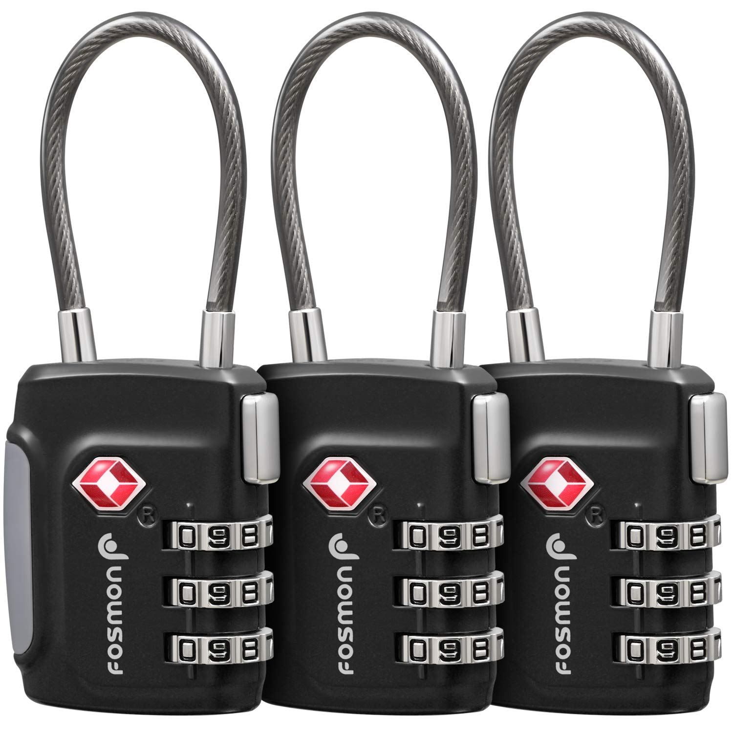 Fosmon TSA Approved 3-Digit Combination Cable Locks for Luggage, Suitcases & Backpacks - Secure Push-Button Release with Long Shackle Wire Lock - Ideal for Travel, Gym Bags & Gun Cases