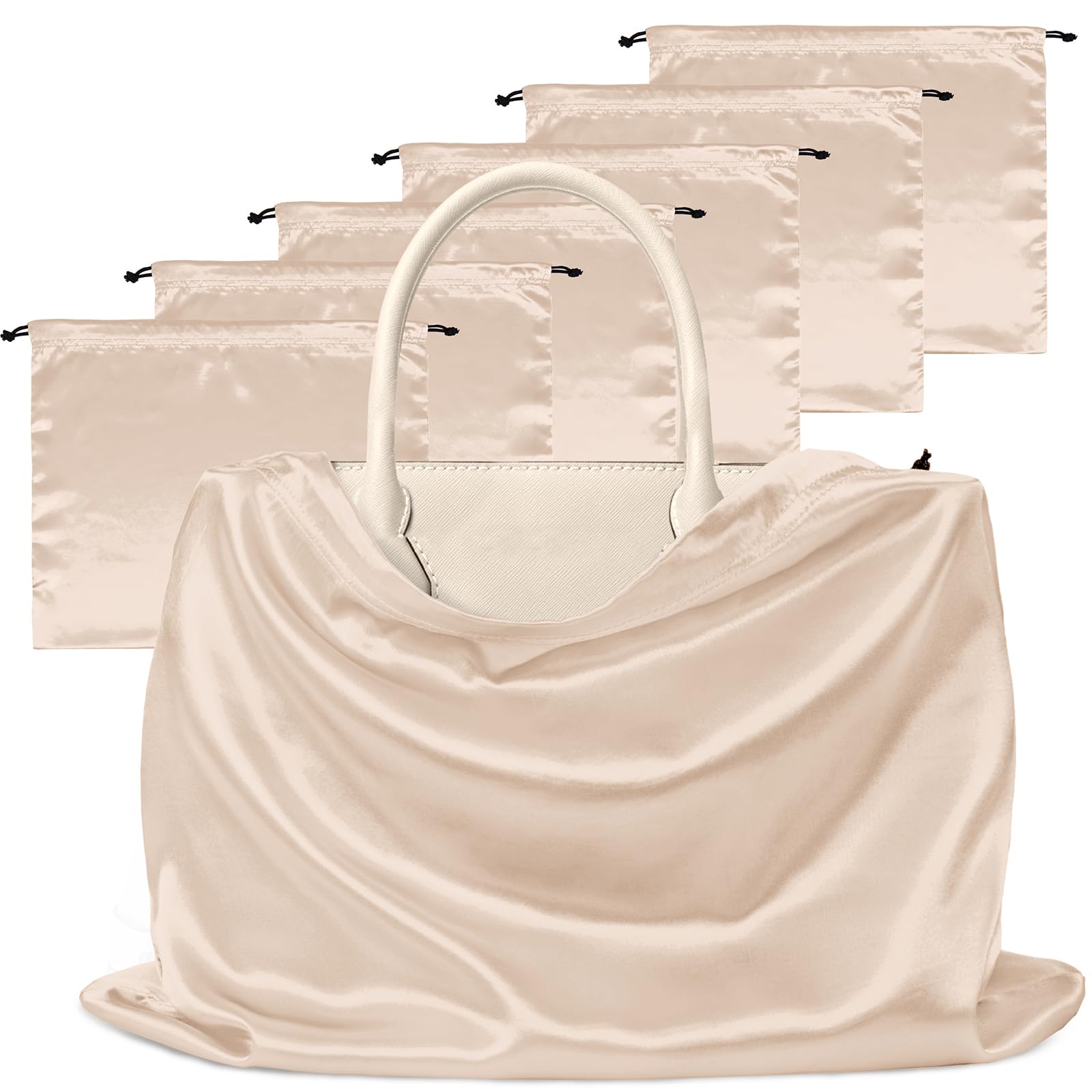 7 Pack Satin Dust Bags for Handbags & Shoes - Premium Silky Beige Drawstring Storage Pouches - Dustproof Protector for Travel, Luxury Handbag & Shoe Storage (19.6