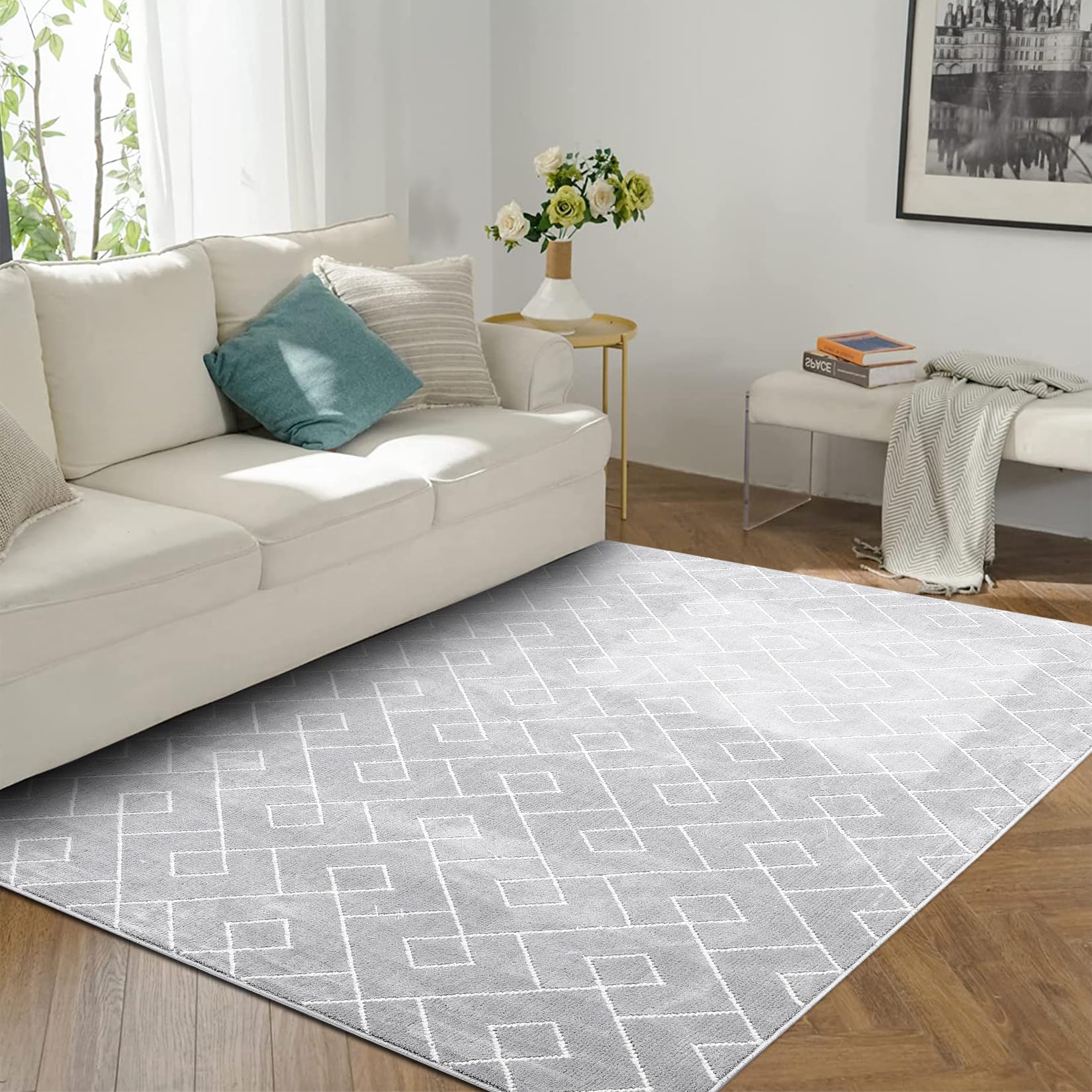 GAOMON 8x10 Feet Soft Fluffy Shag Area Rug - Modern Geometric Light Grey Large Carpet for Bedroom, Living Room, Nursery & Classroom - Perfect for Cozy Home Decor, Kids Play Area and Office Spaces