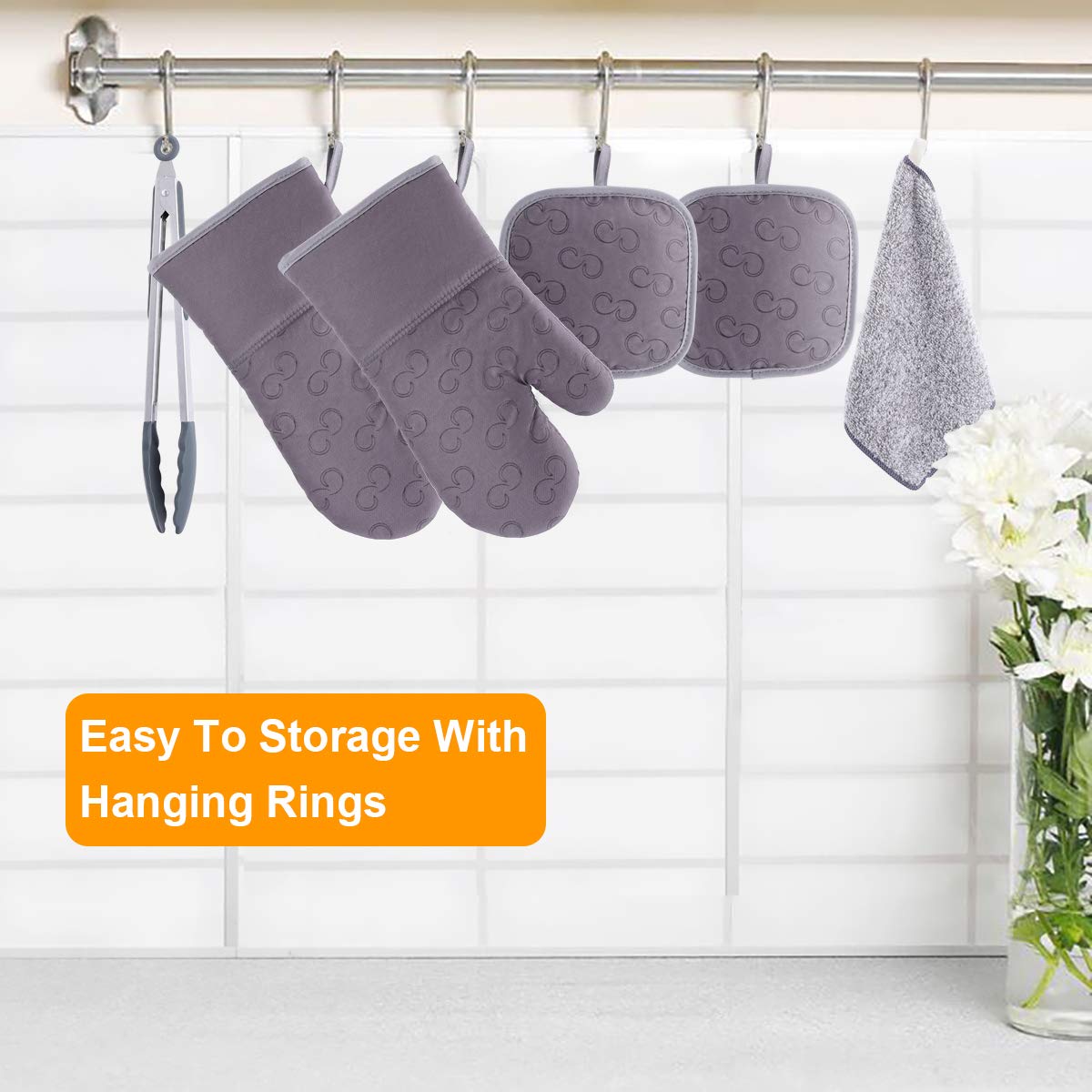 Heat Resistant Oven Mitts and Pot Holders Set with Kitchen Towel & Cooking Tongs - 500°F Non-Slip Silicone Surface for Baking, BBQ, Grilling - 6-Piece Kitchen Accessories (Grey) - Perfect for Home Cooking, Outdoor Camping & Holiday Gift Giving