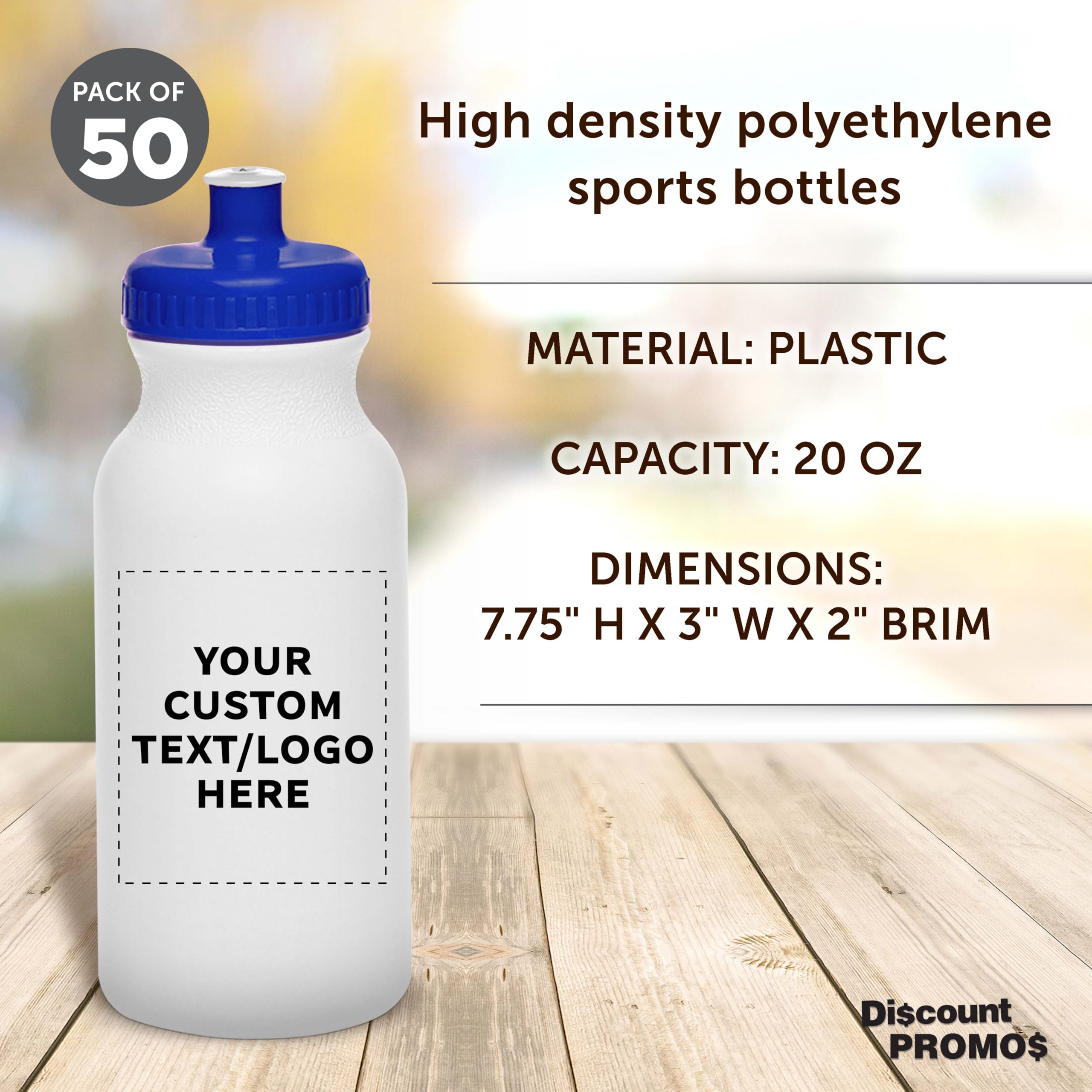 Custom White Water Bottles with Push Cap - 50 Pack, Personalized Text & Logo, 20oz BPA-Free Reusable Squeeze Bottles in Bulk (White/Blue) - Perfect for Promotions, Events, Gyms & Outdoor Activities