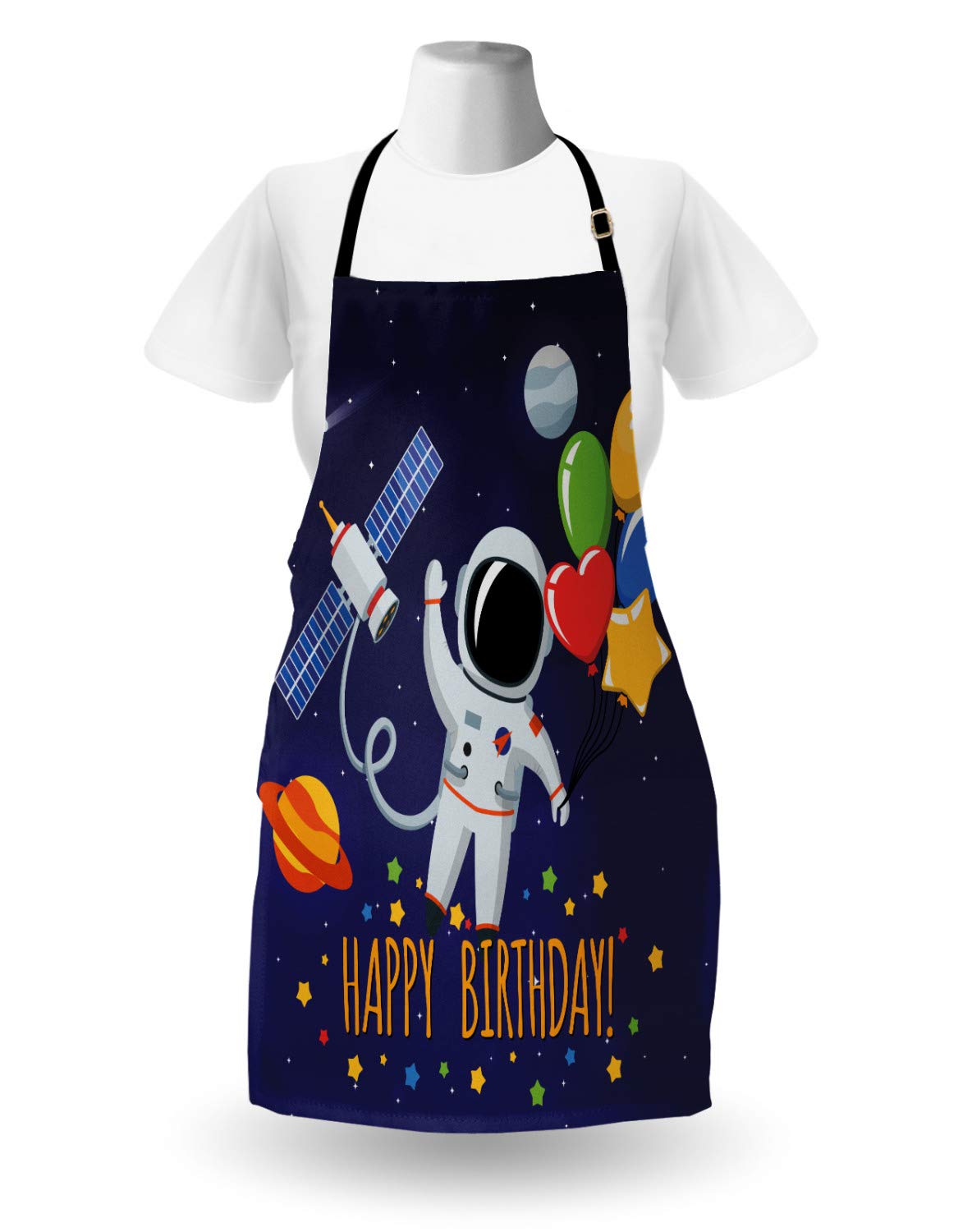 Ambesonne Astronaut Themed Birthday Apron - Unisex Adjustable Kitchen Bib for Cooking, Baking & Gardening - Space Lover Design with Party Balloons on Blue Background - Perfect for Birthday Parties, BBQ Events & Cosplay