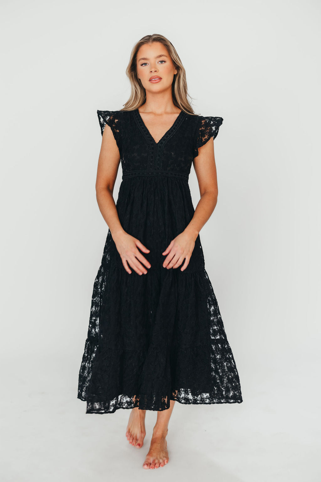Cleo Black Lace Trimmed Maxi Dress for Women - Elegant Evening Gown for Parties, Weddings & Special Occasions