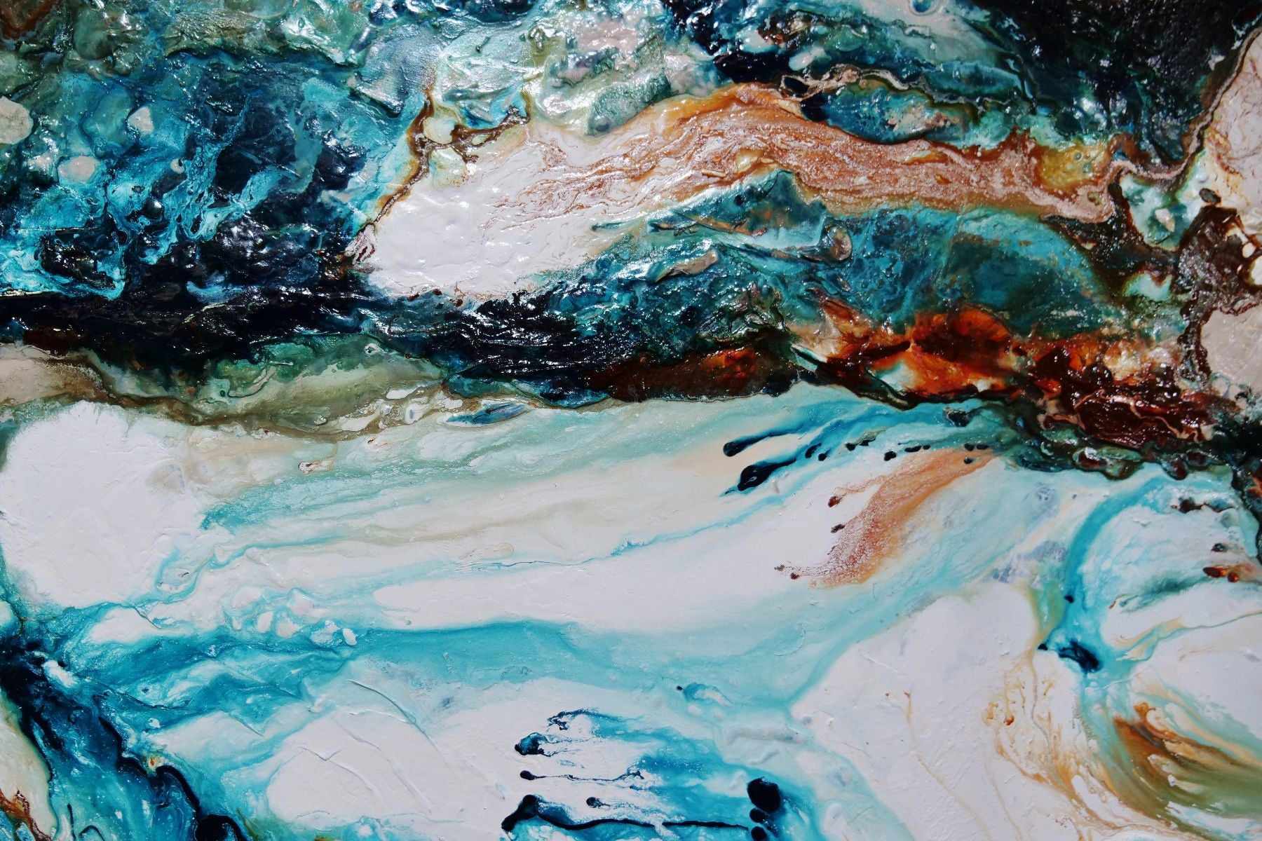 190cm x 100cm Teal White Textured Abstract Painting - Coastal Wave Inspired Wall Art for Living Room, Bedroom & Office Decor