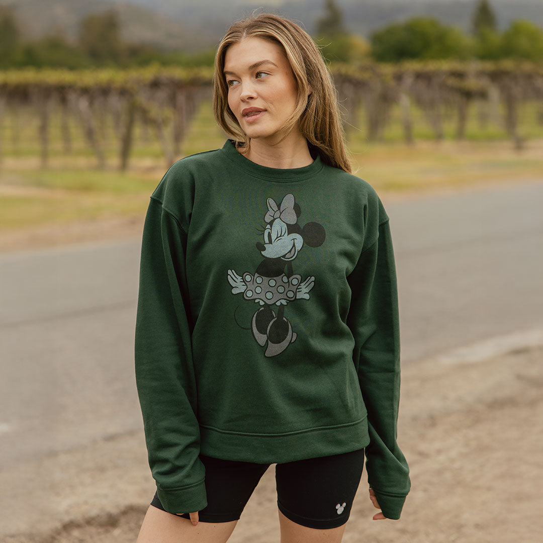 Disney Minnie Mouse Green Crewneck Sweatshirt for Women - Soft Cotton Pullover for Casual Wear, Disneyland Trips & Gift Giving