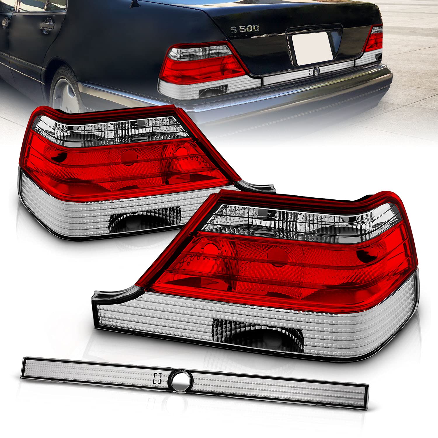AmeriLite Red Clear Replacement Tail Lights Set for 1997-1999 Mercedes Benz S Class W140 - Left & Right Side - Enhance Nighttime Safety & Style