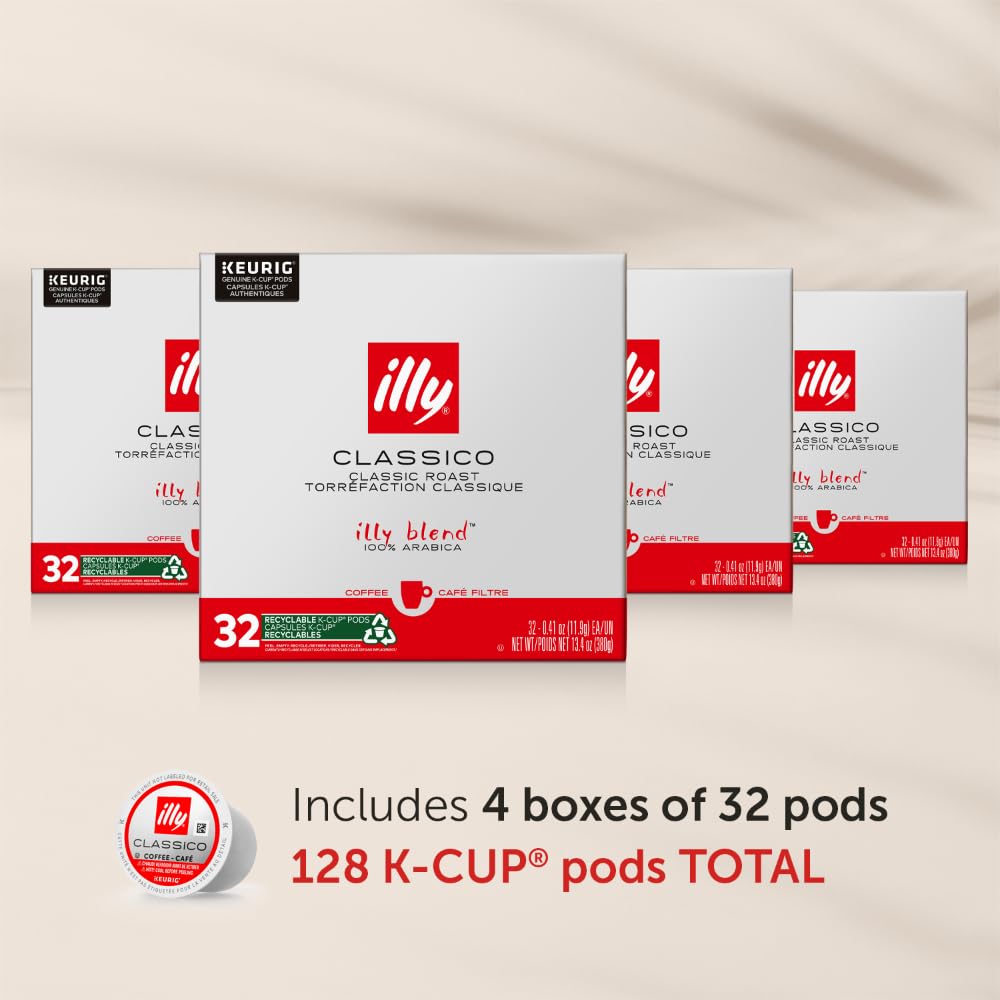 Illy Coffee K Cups for Keurig - Classico Roast Medium Coffee Pods (Caramel, Orange Blossom & Jasmine) - 32 Count (4 Pack) - Preservative-Free, Balanced Flavor - Perfect for Office, Home or Gifts