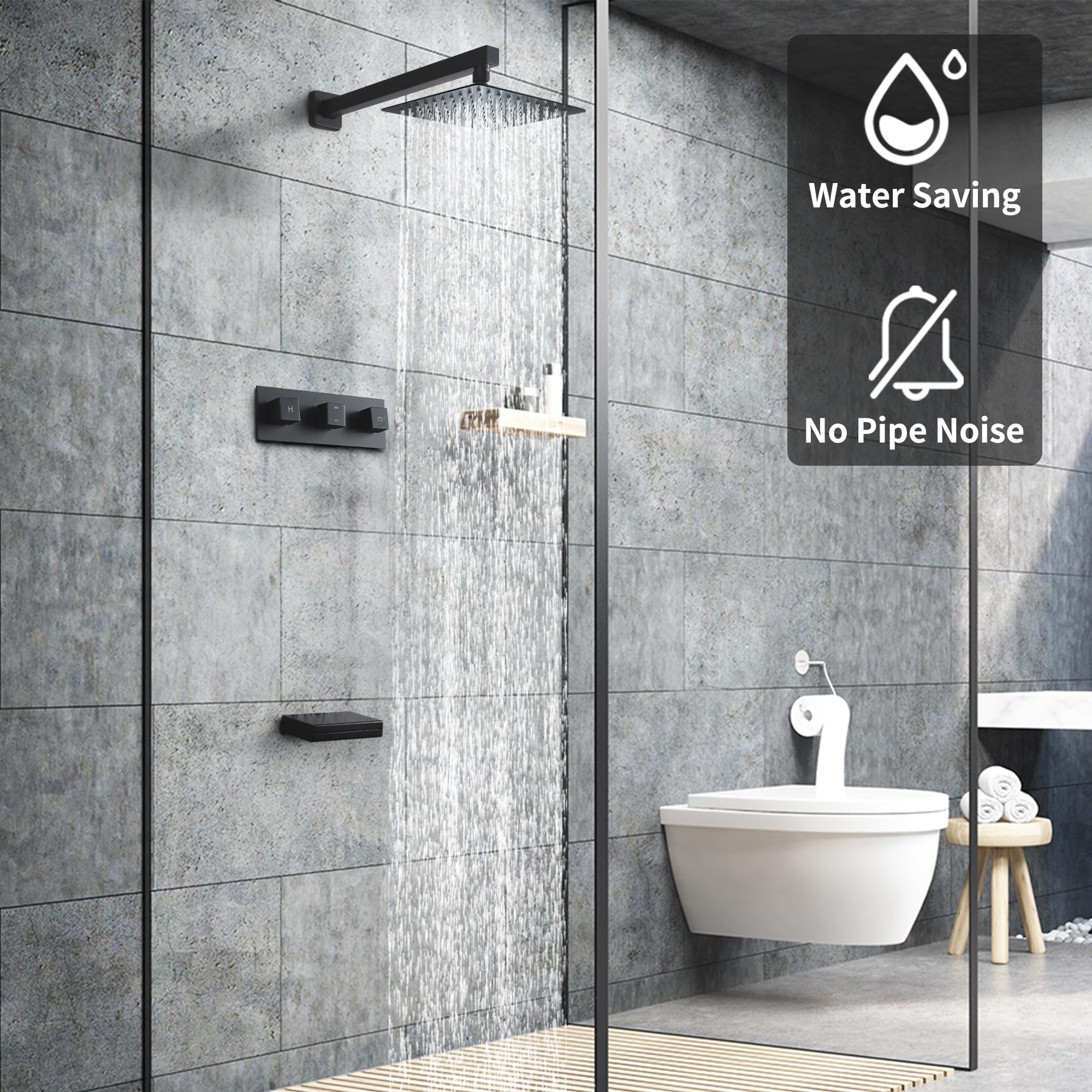 SKOWLL 10 Inch Rainfall Shower System - Matte Black Wall Mounted Shower Faucet Set with Tub Spout & 3 Handle Controls | Luxury Bathroom Upgrade for Spa-Like Experience